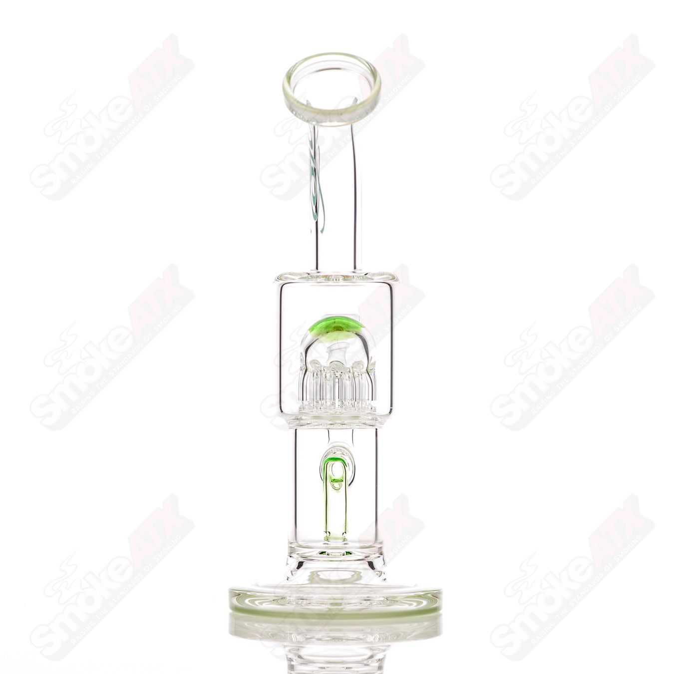 Toro Glass double macro 8-arm tree concentrate rig with two-color accent foot and mouthpiece, clear glass design.