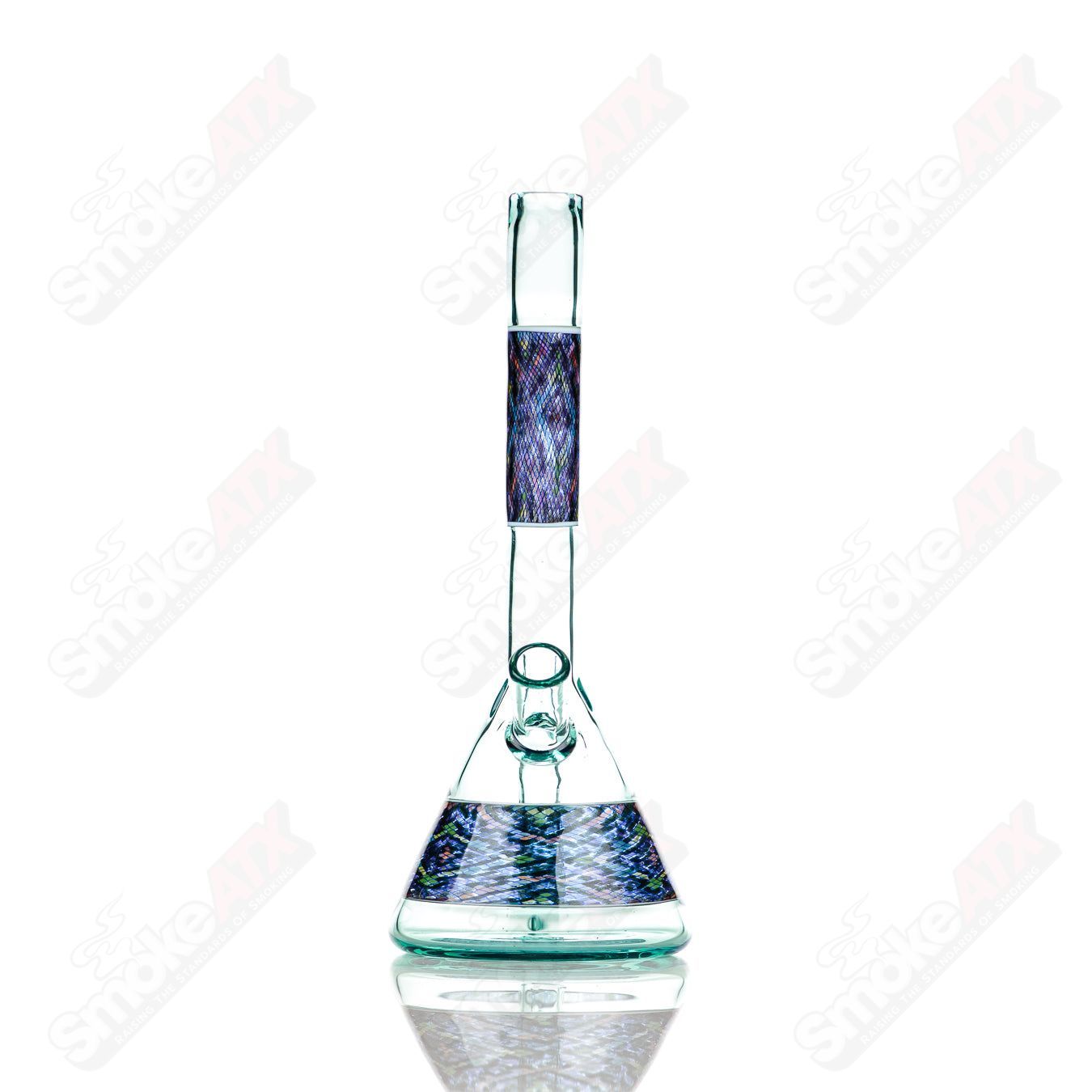John W Glass Filla Tube, a colorful heady glass concentrate rig with intricate designs and clear glass accents.