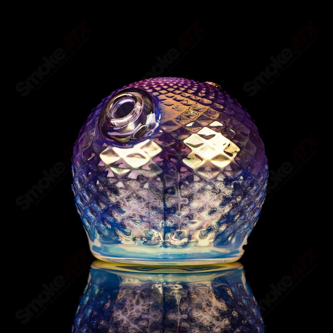 Fumed color sphere rig by James Lang, glass concentrate rig with vibrant fumed accents and smooth spherical design.