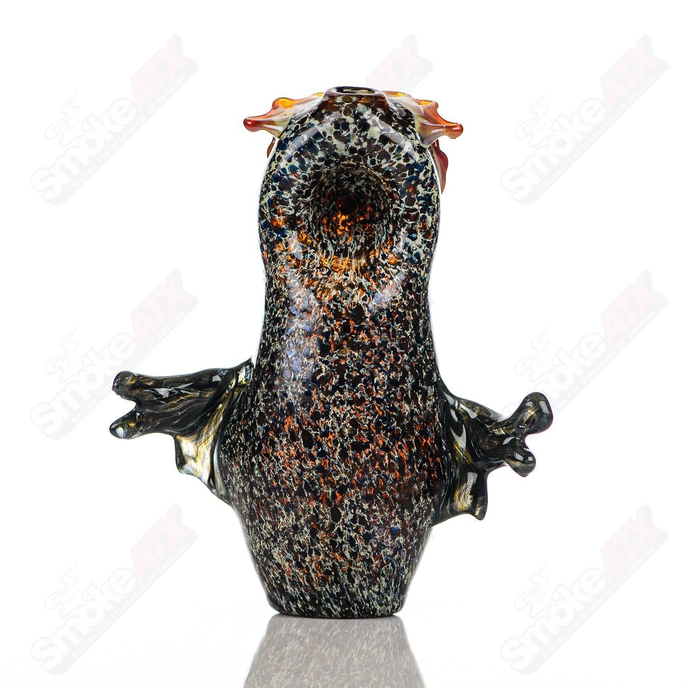 Glass pipe by Four Winds Flameworks, Hooter Four Winds model with intricate glasswork and colorful design.