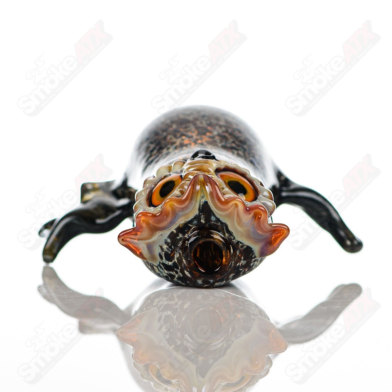 Glass pipe by Four Winds Flameworks, Hooter Four Winds design, featuring colorful glasswork and intricate details.