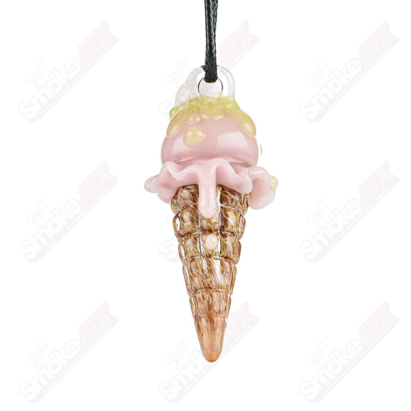Large glass cone pendant by Sweet Shop Glass, featuring vibrant colors and intricate patterns on a clear glass background.