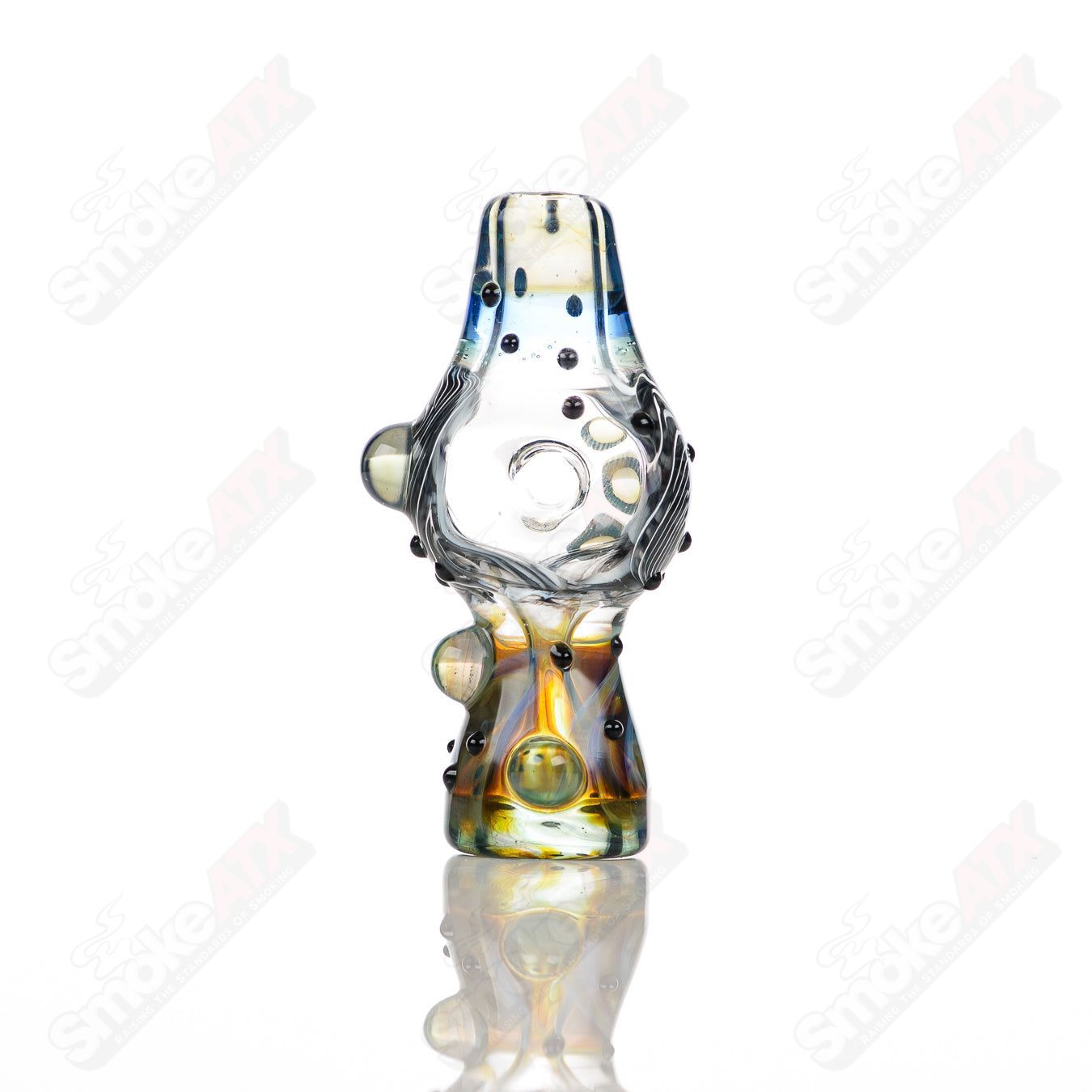 Large glass donut chillum by Baby Dabs, designed for baby dabs, featuring a colorful donut shape and clear glass construction.