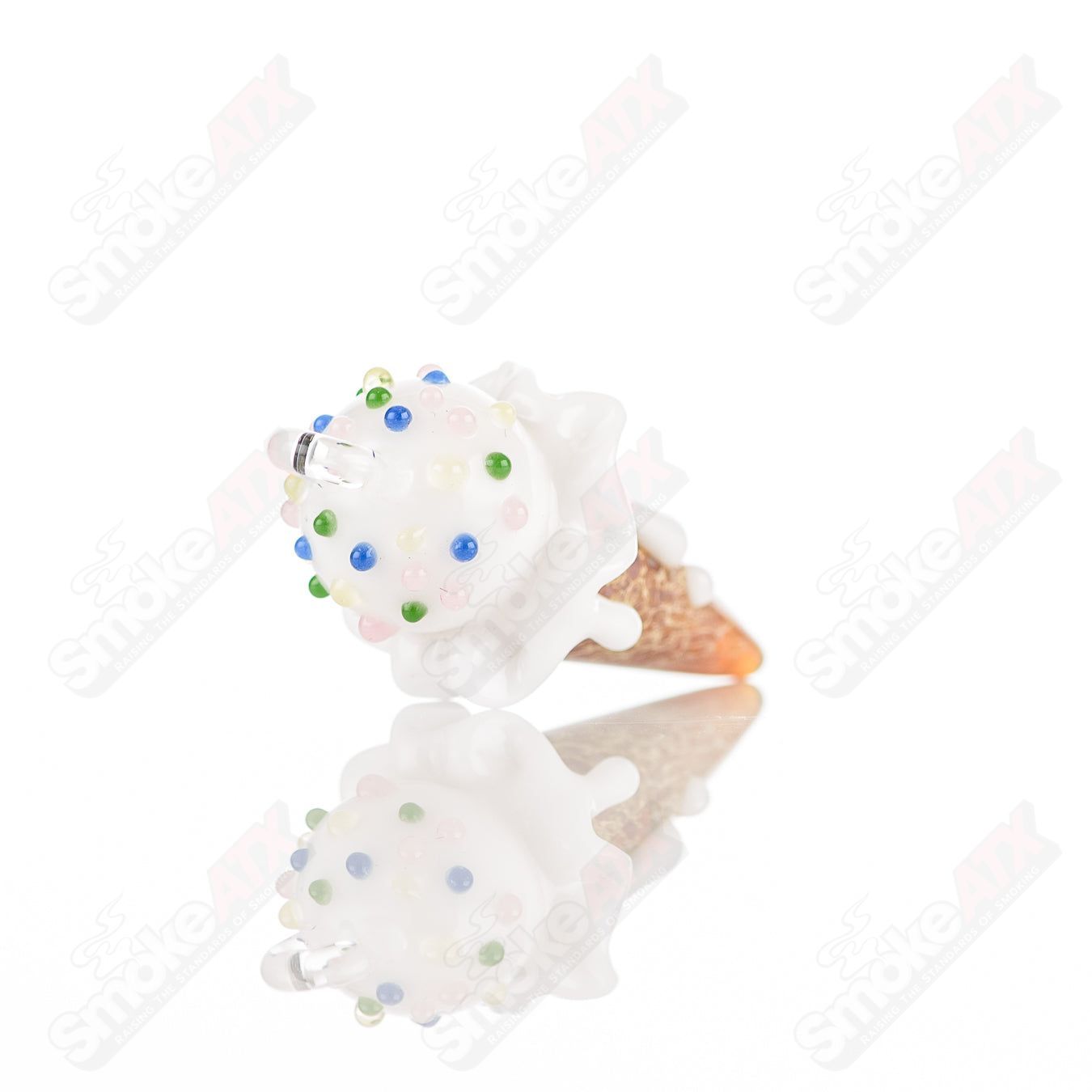 Glass mini cone pendant by Sweet Shop Glass featuring colorful Renee Patula design, hanging from a silver chain.