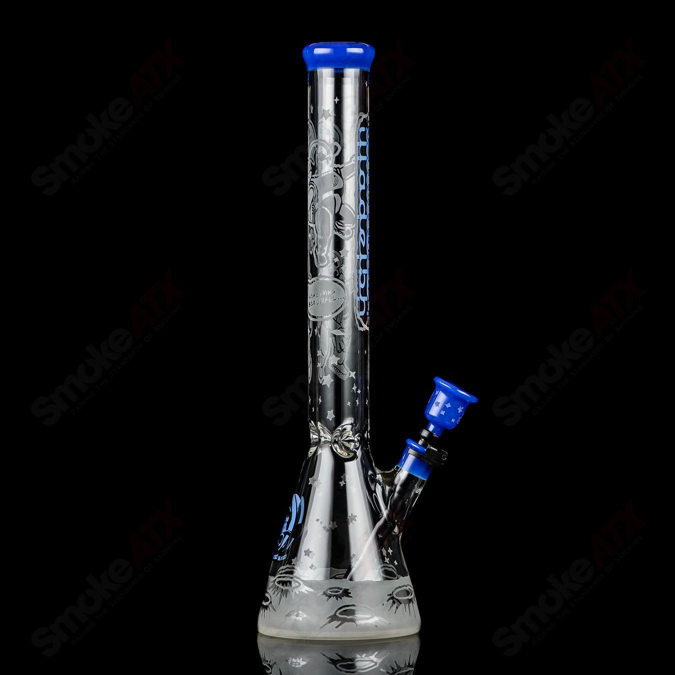 Blue Cheese Blasted Space Cadet Beaker by Illadelph, clear glass heady beaker with blue accents, featuring detailed craftsmanship.