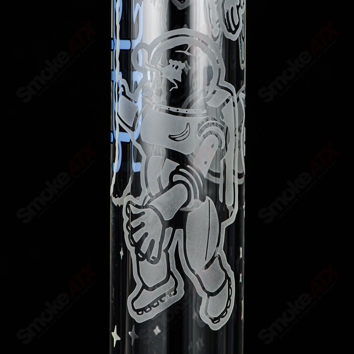 Blue Cheese Blasted Space Cadet Beaker by Illadelph, clear glass heady beaker with blue accents and detailed design.
