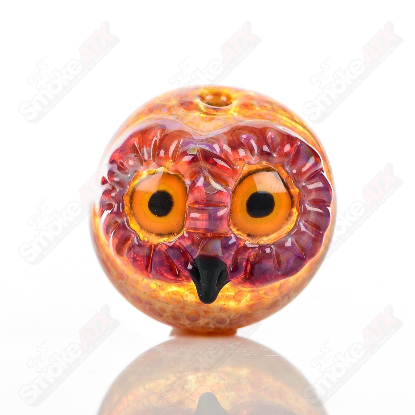 Glass spotted owl carb cap from Four Winds Flameworks, designed for vaporizer bowls and dab rigs, featuring detailed owl design.