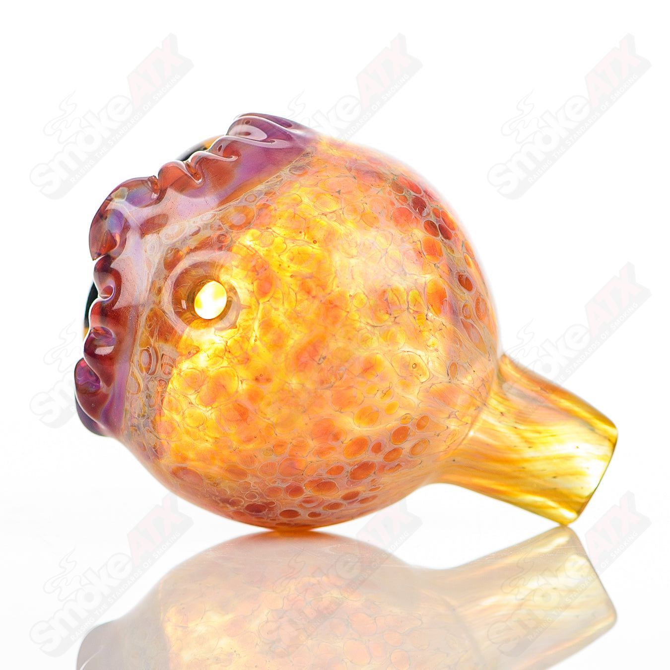 Glass spotted owl carb cap by Four Winds Flameworks, featuring detailed owl design for dab rig accessories.