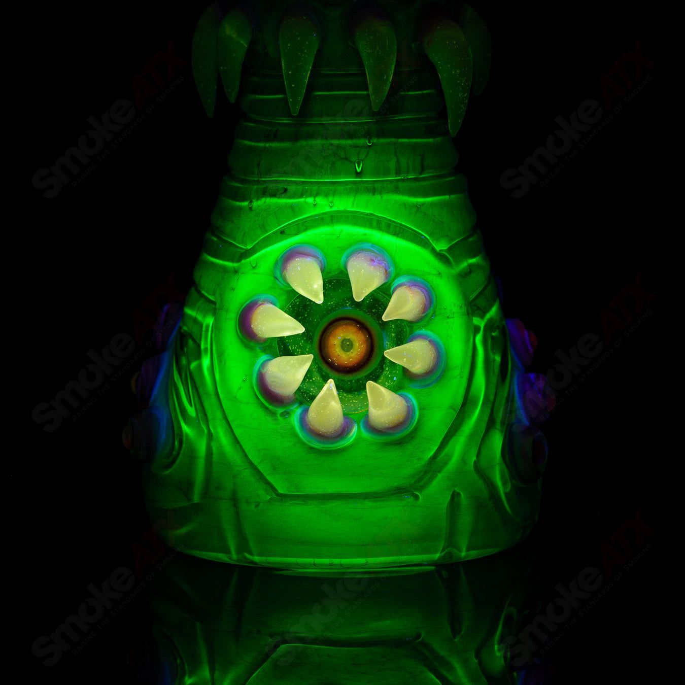 UV double barrelled Rip Curl heady glass concentrate rig by Salt Glass, featuring vibrant UV-reactive glasswork.