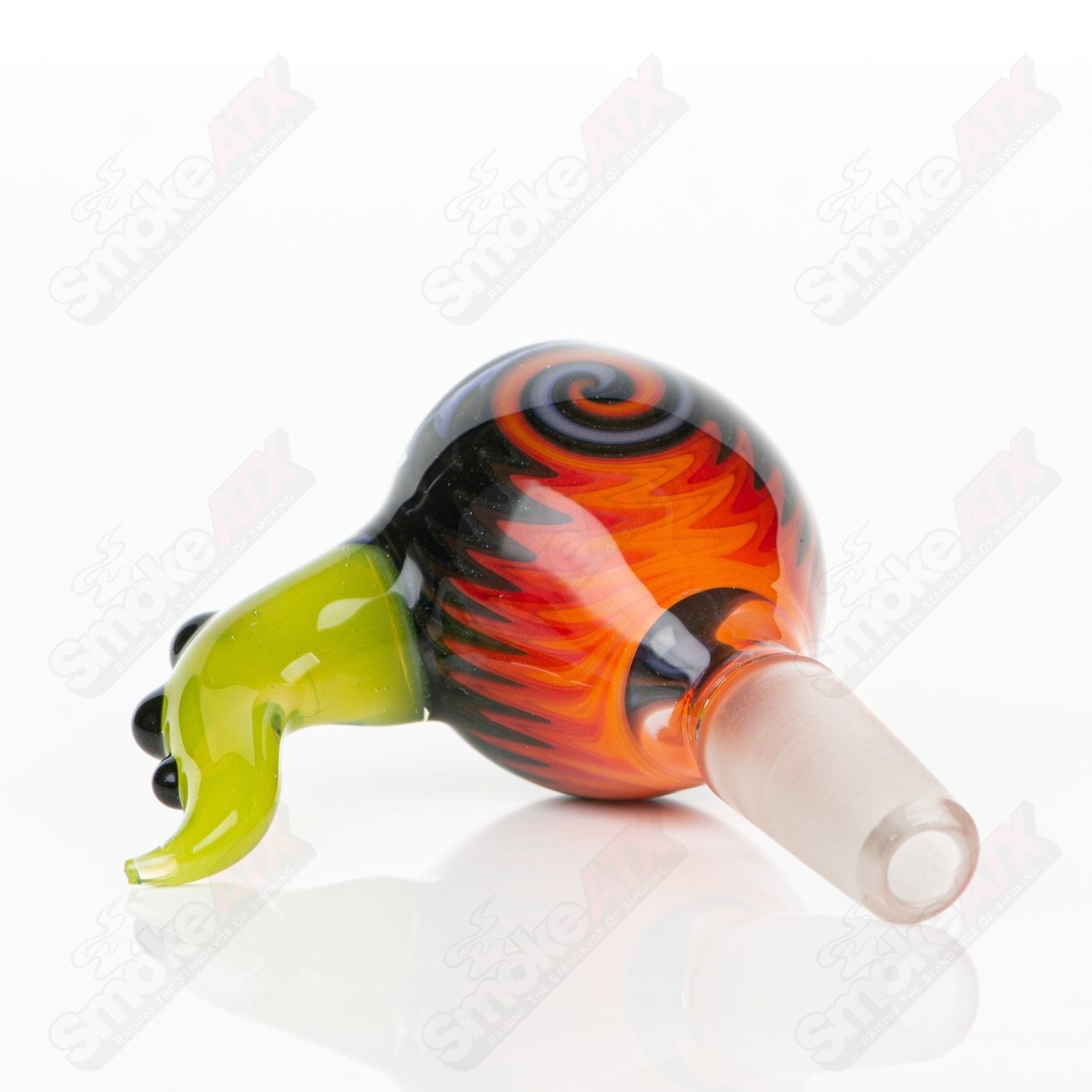 Devo Heady Glass Wig Wag Tube with Slide Devo, beaker-style glass water pipe with colorful wig wag design and slide attachment.