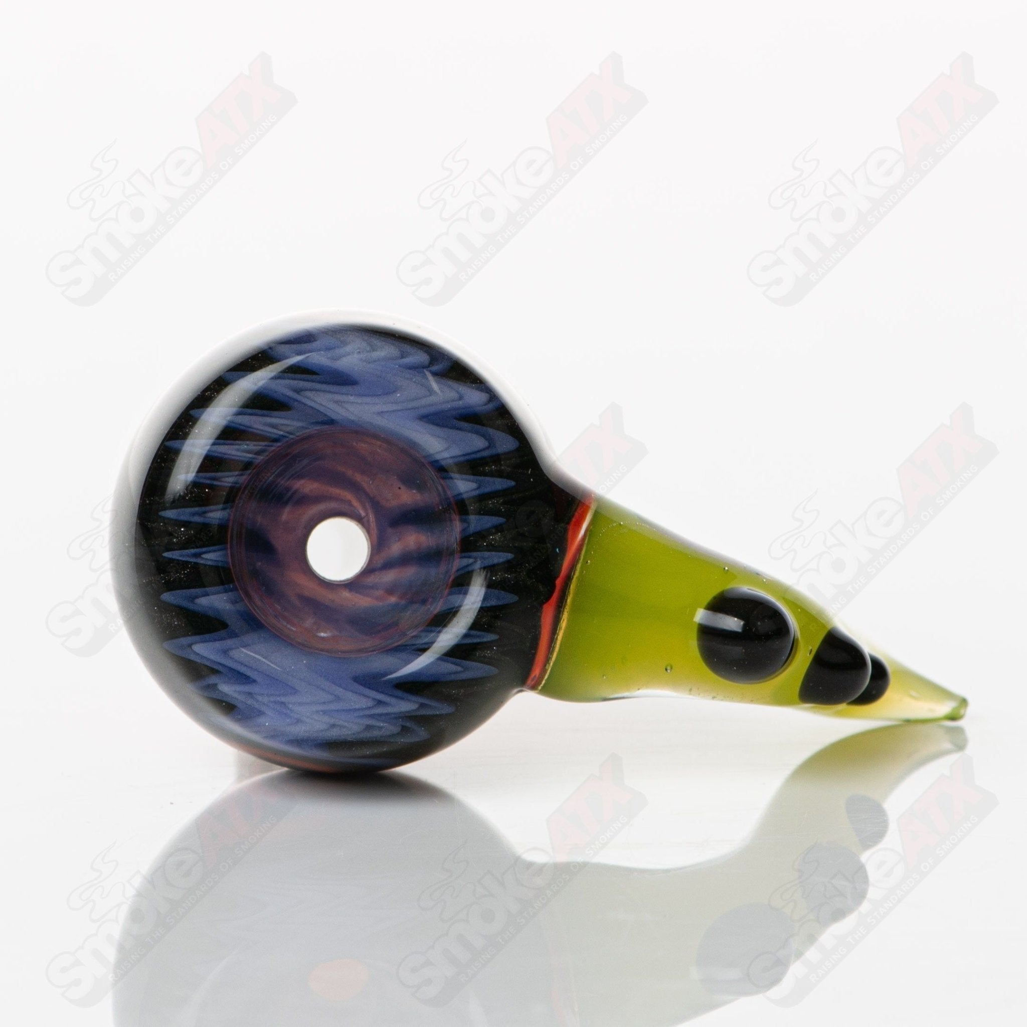 Devo Heady Glass Wig Wag Tube with slide and beaker base, colorful glass water pipe with intricate design and vibrant details.