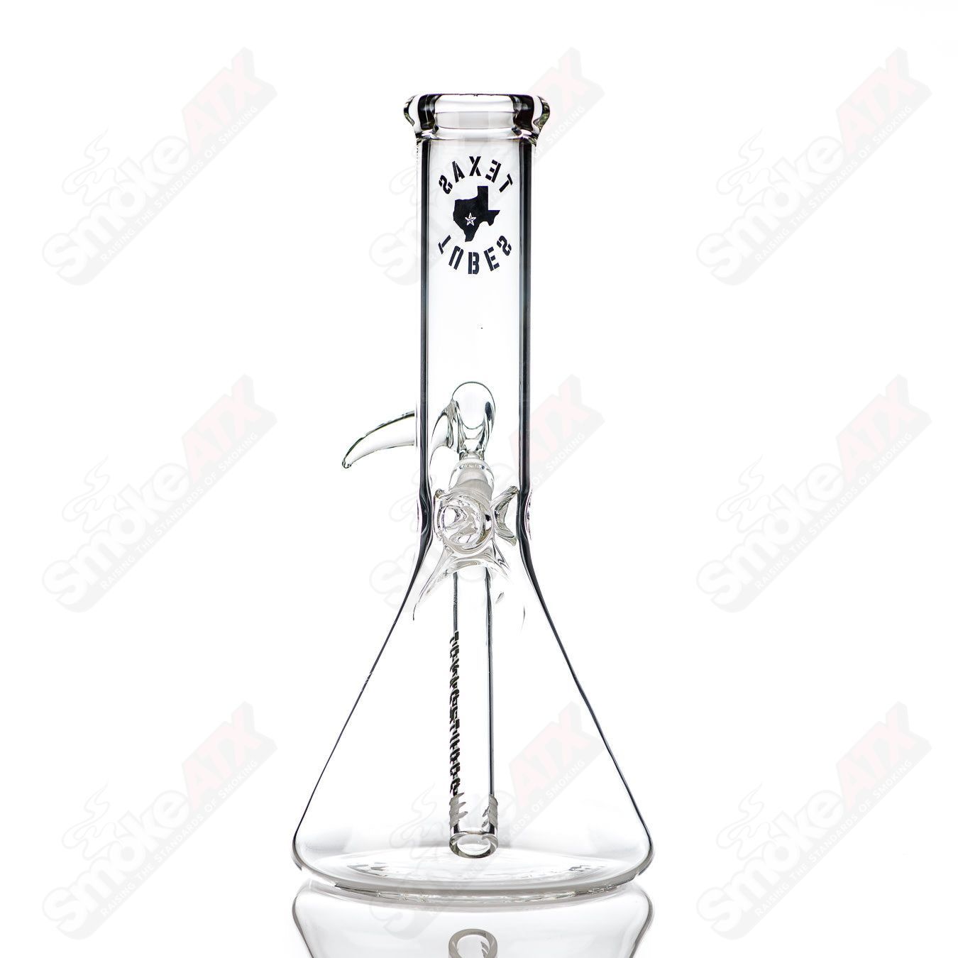 10-inch glass beaker with 14mm opening from Texas Tubes, featuring clear glass construction and a sturdy base.