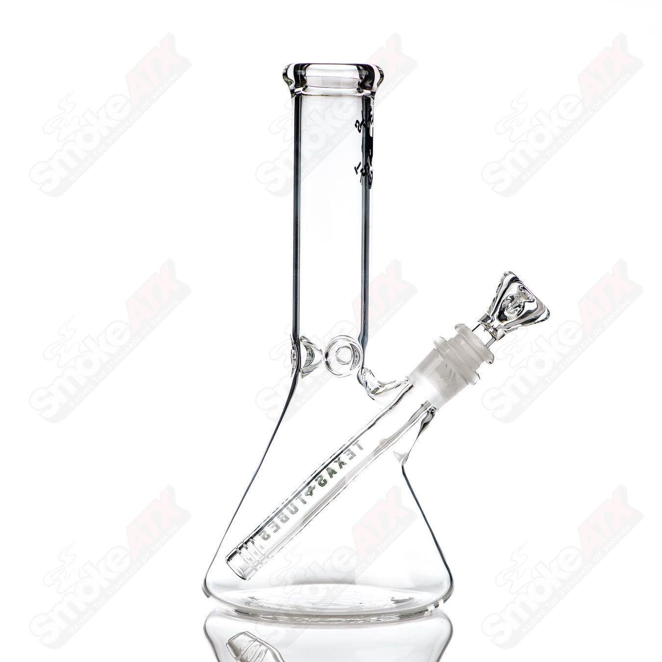 10-inch glass beaker from Texas Tubes with a 14mm opening, designed for laboratory use, featuring clear measurement markings.