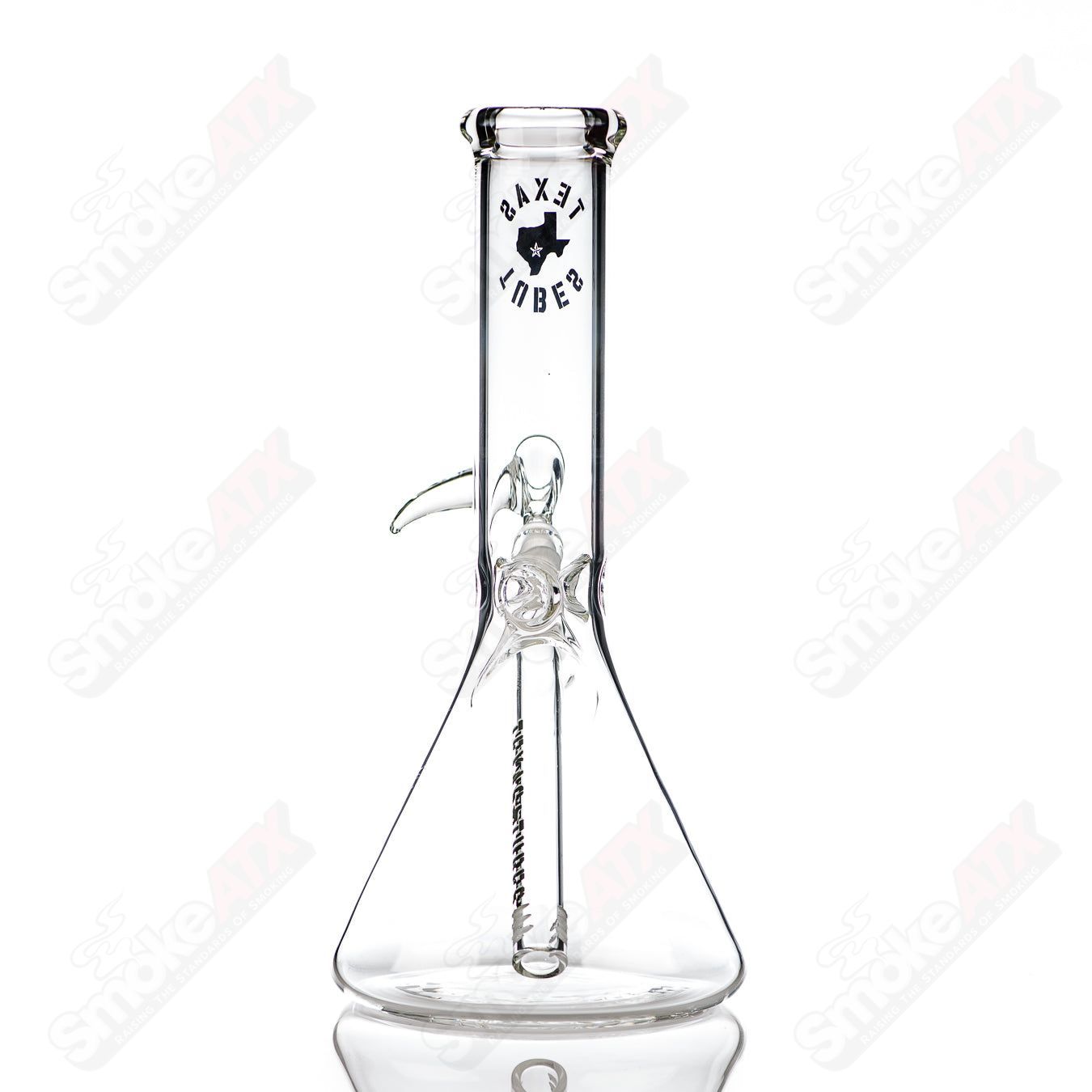 Clear 10-inch glass beaker with 14mm opening from Texas Tubes, ideal for laboratory or scientific use.