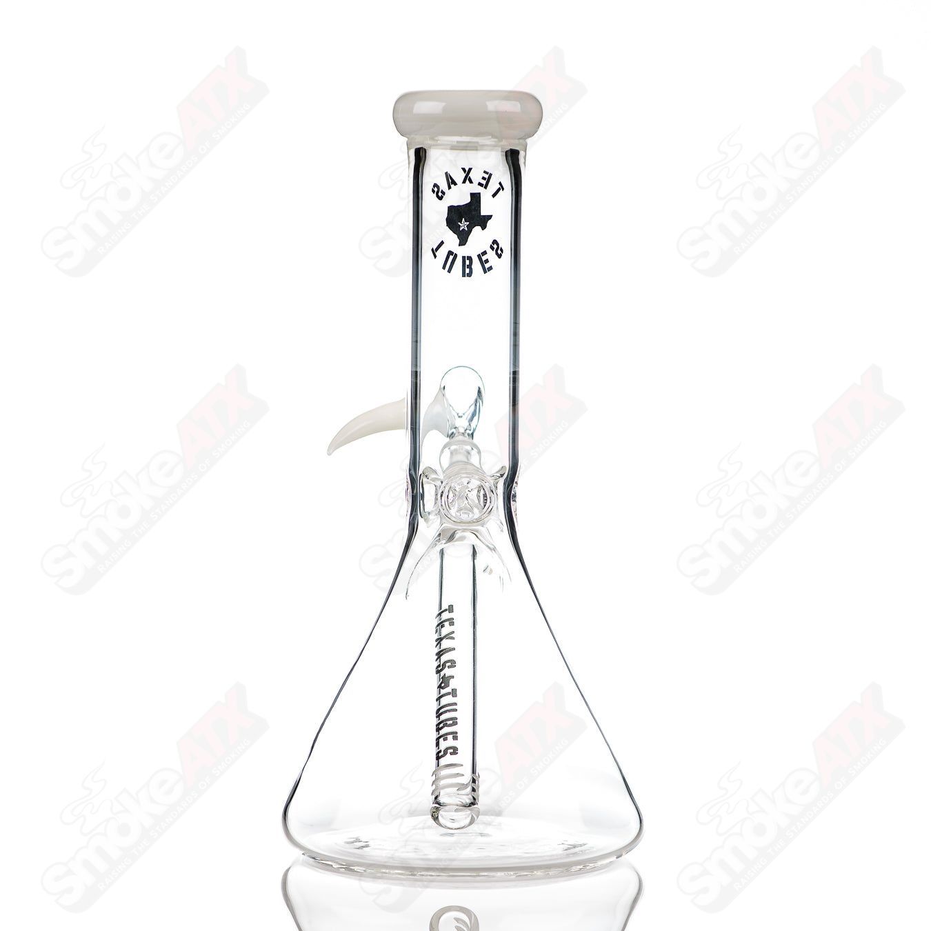 10-inch Texas Tubes beaker with 14mm color accent in star white, made of glass, featuring a durable lab-style design.