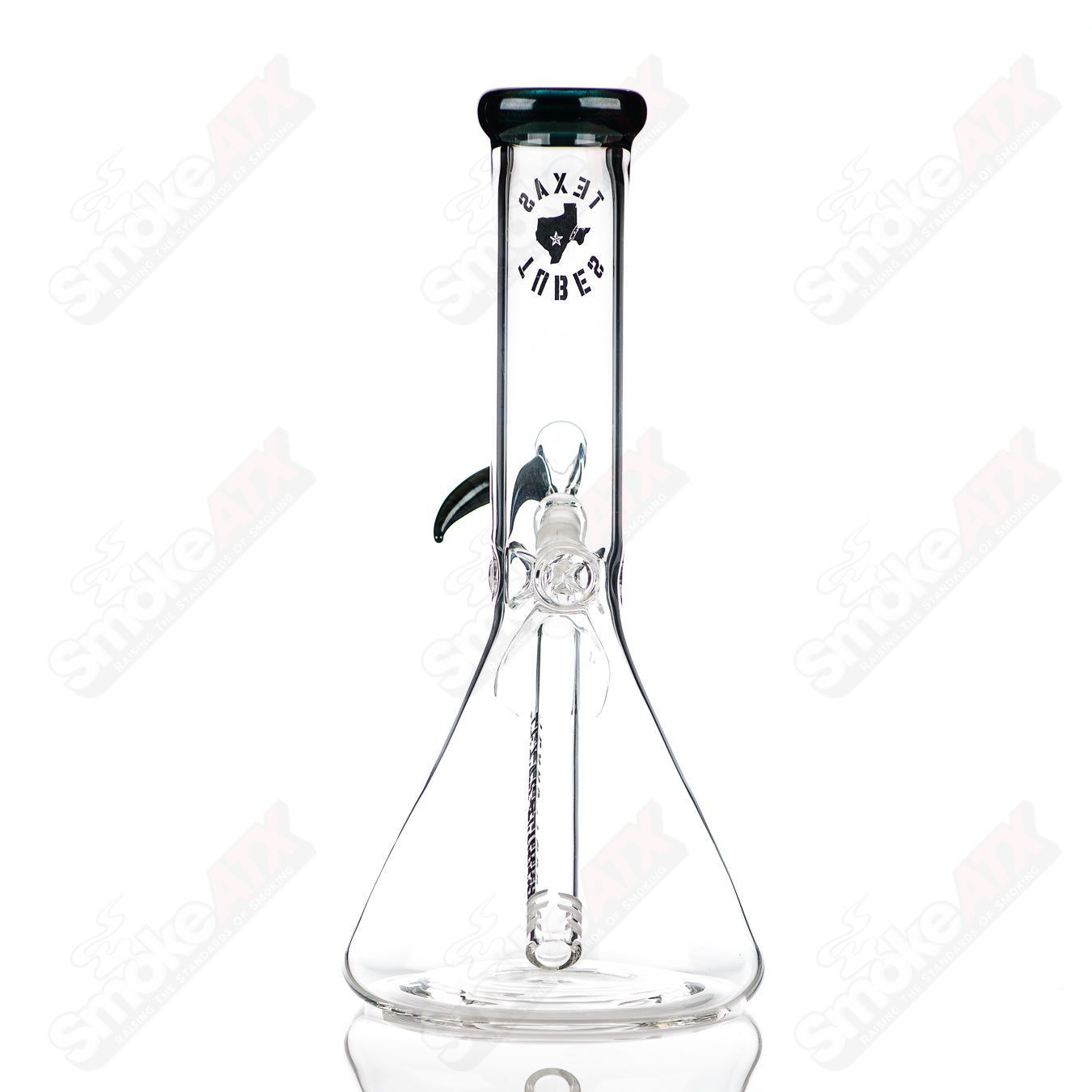 10-inch Texas Tubes beaker with 14mm color accent in unobtanium glass, featuring a sturdy glass beaker design.