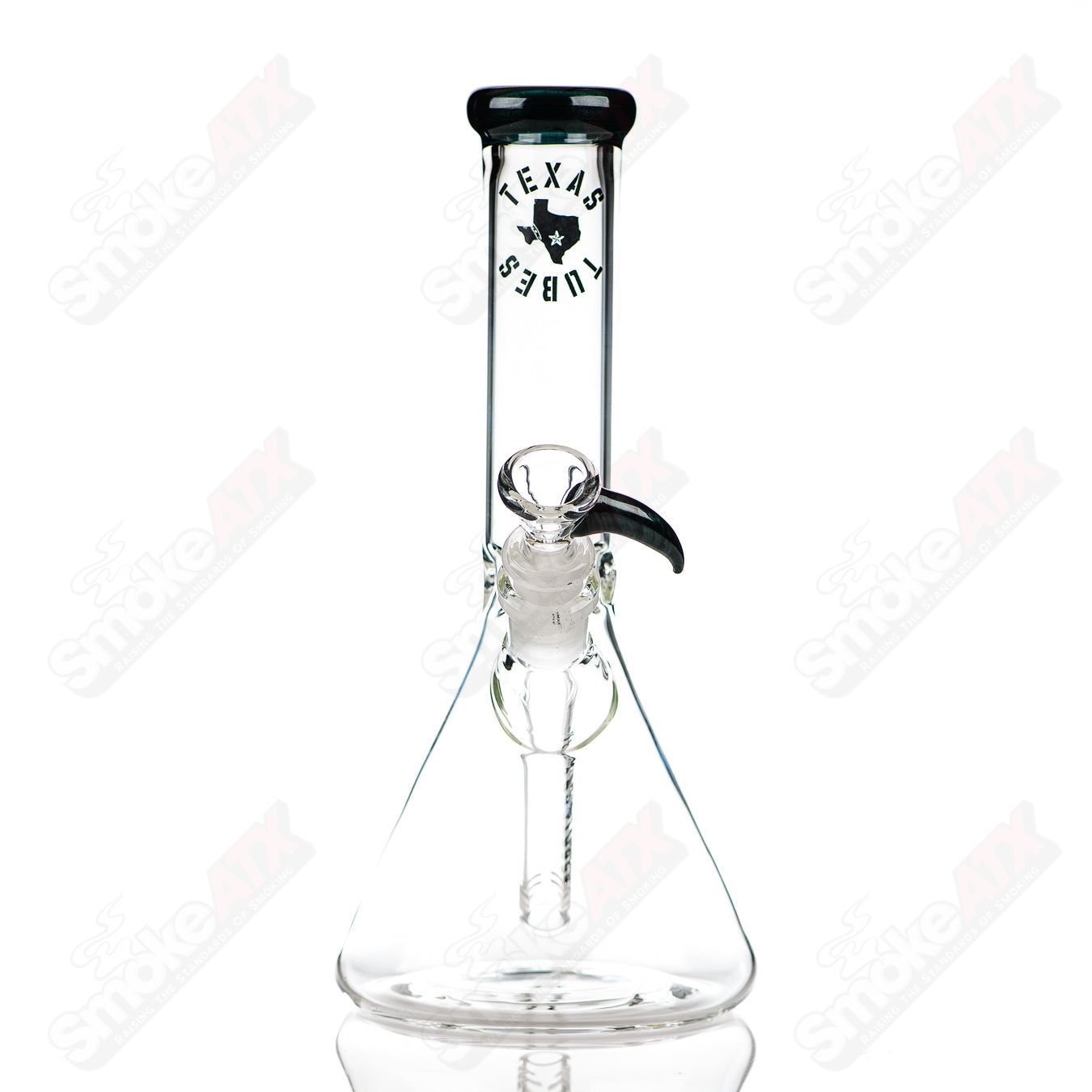 10-inch Texas Tubes beaker with 14mm Unobtanium color accent glass, featuring vibrant accents on a clear beaker body.