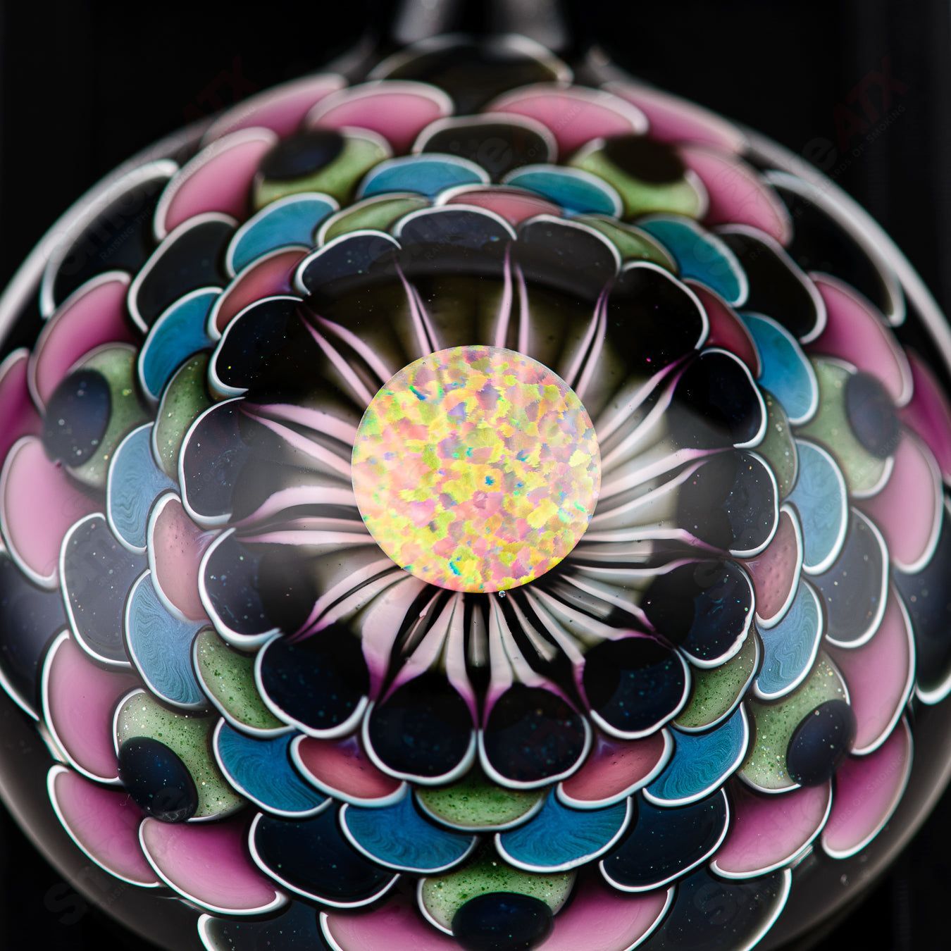 10mm opal dotstack glass pendant by Juju Glass showcasing vibrant, colorful glass art with a smooth, rounded design.