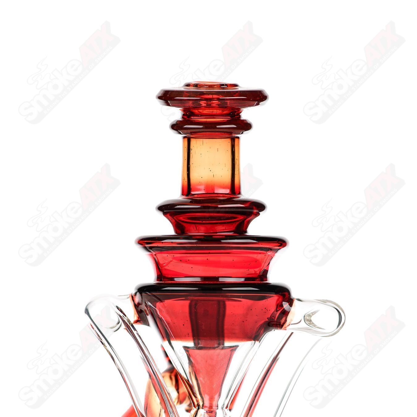 Cerio 10mm V2 Double Up Blood Orange Recycler Heady Glass with intricate glasswork and vibrant orange color, designed for smooth smoking experience.