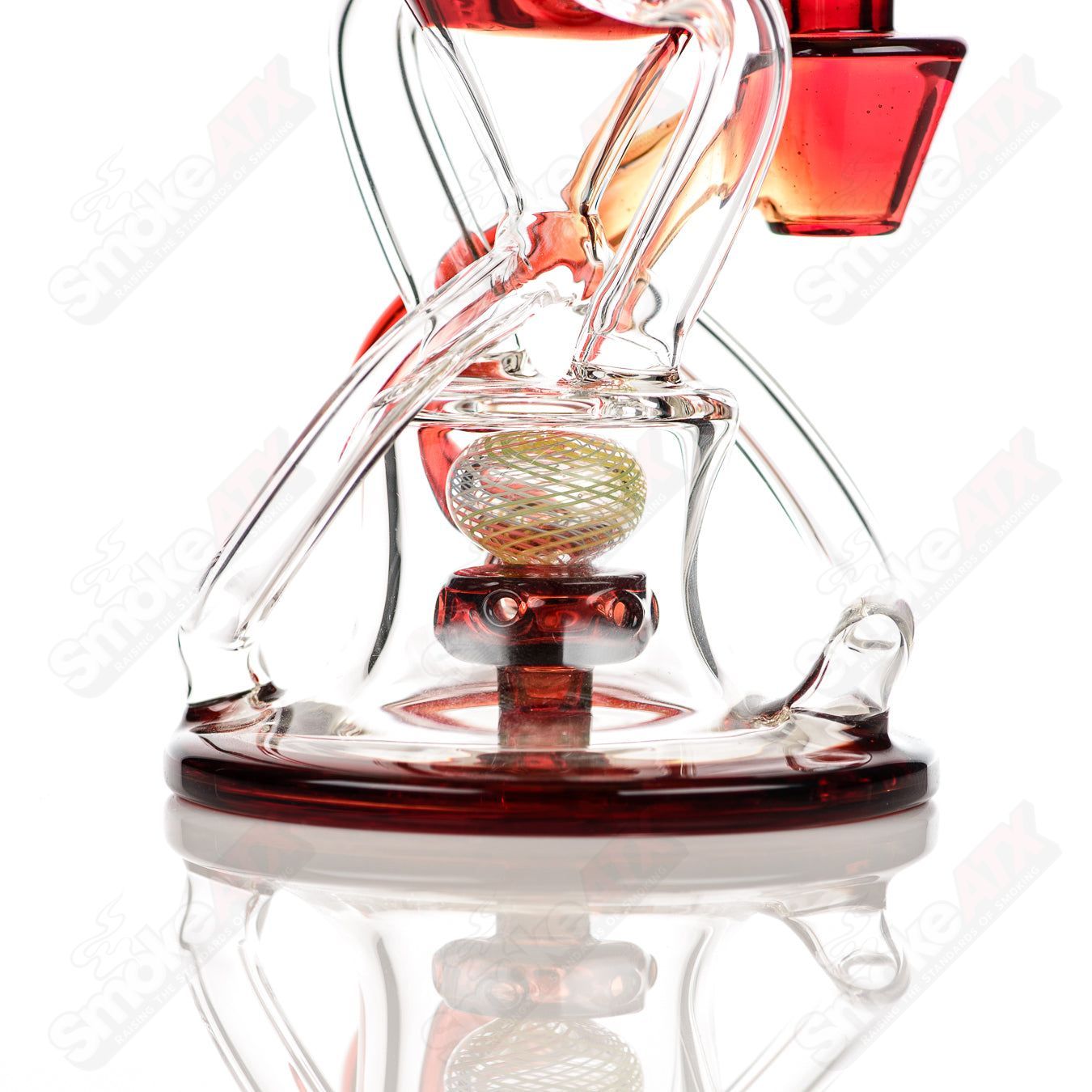 Cerio 10mm V2 Double Up Blood Orange Recycler Headie Glass with experimental design, featuring vibrant orange glass and recycler shape.