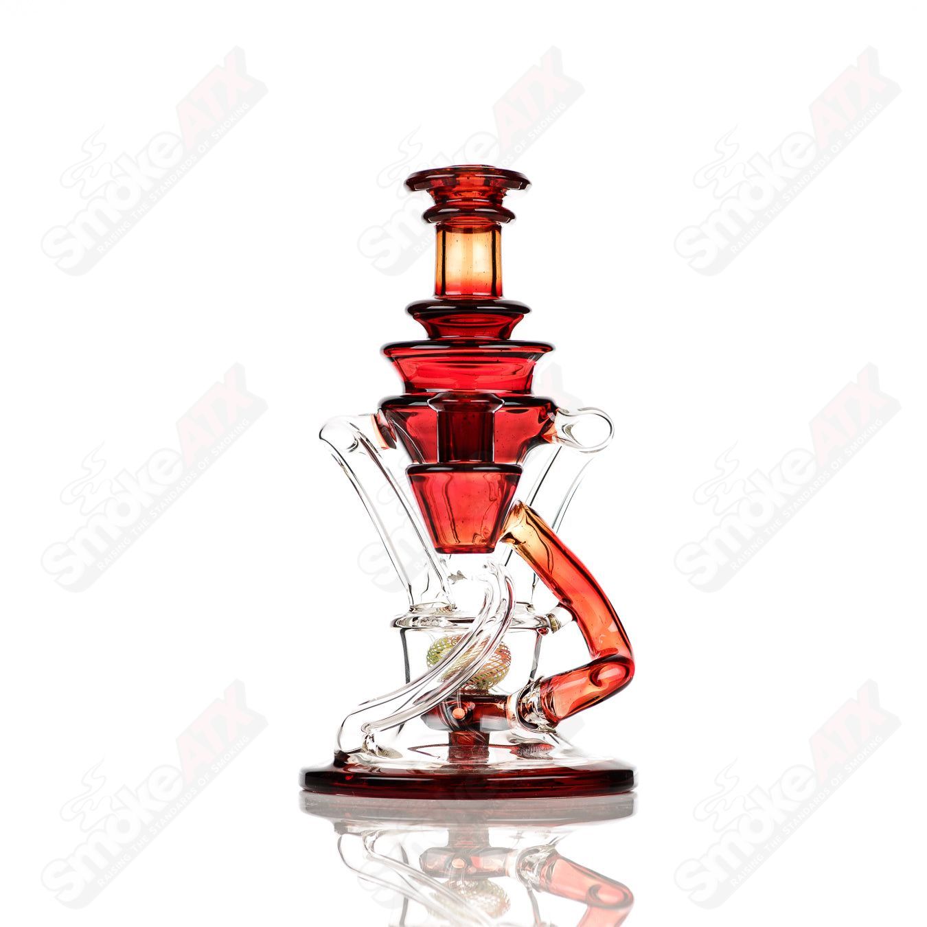 Cerio 10mm V2 Double Up Blood Orange Recycler glass bong with experimental design and vibrant orange accents.