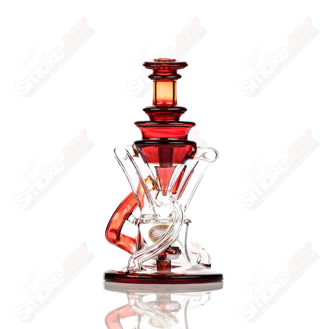 Cerio Blood Orange 10mm V2 Double Up Recycler Heady Glass with experimental design and vibrant orange color.