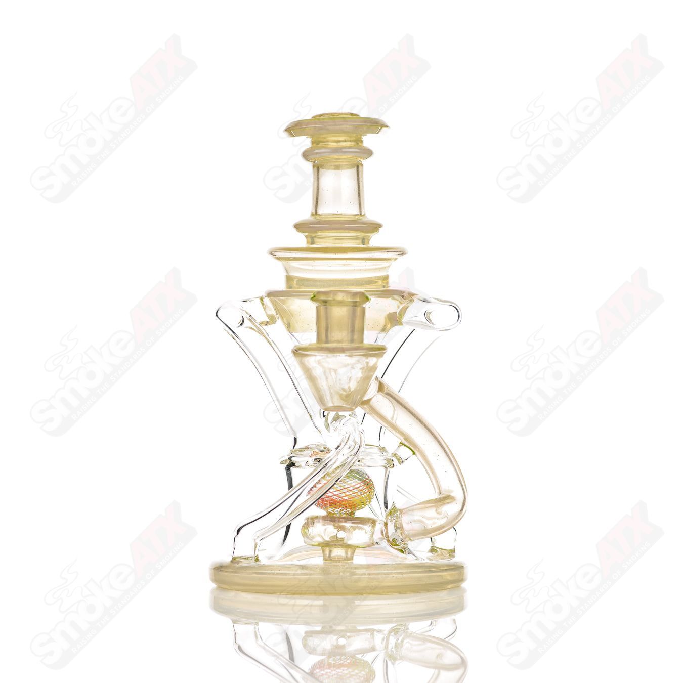 Cerio 10mm V2 Double Up Watermelon Recycler Heady Glass with vibrant watermelon design and clear glass body for smooth water filtration.