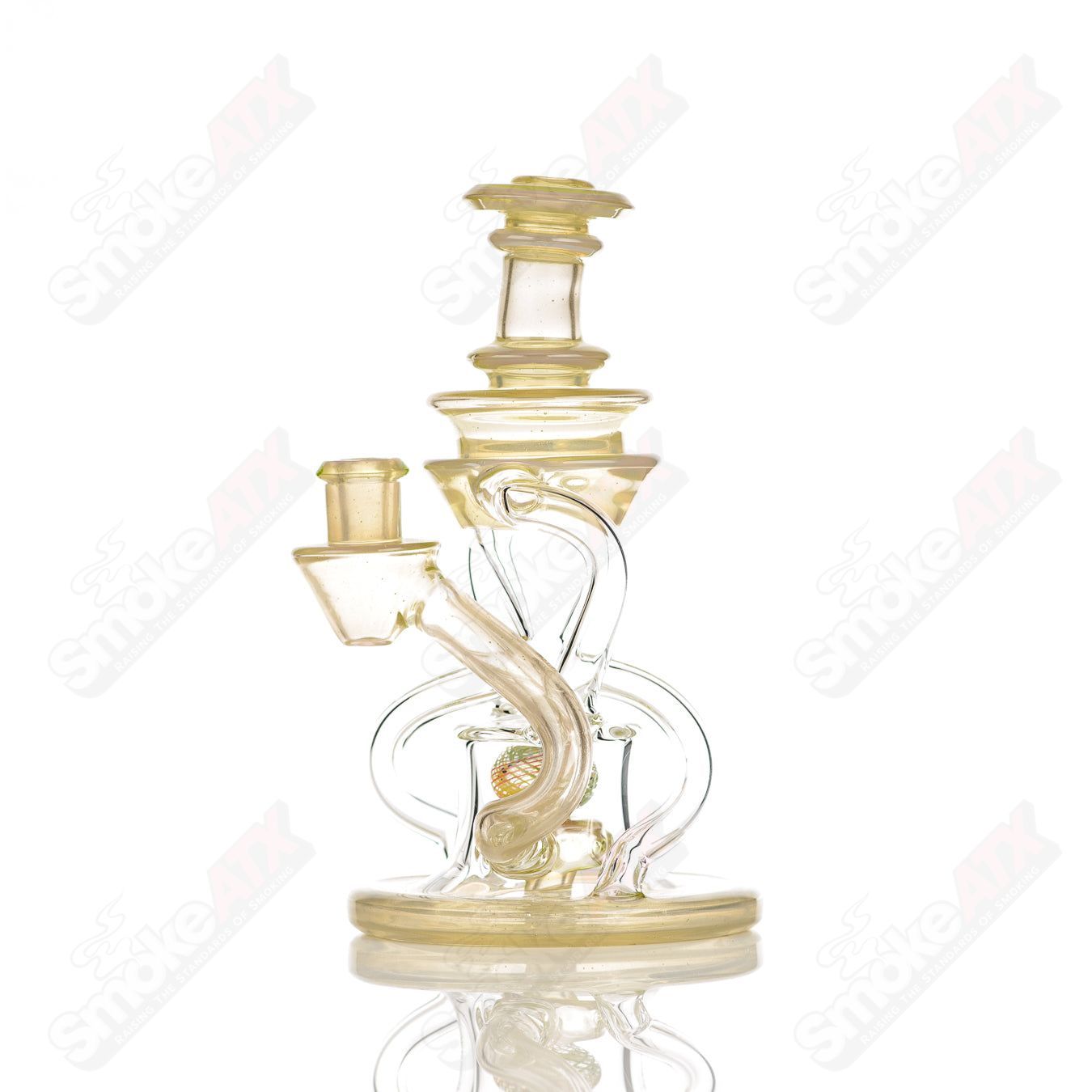Cerio 10mm V2 Double Up Experimental Watermelon Recycler, heady glass piece with vibrant watermelon design and intricate recycler features.