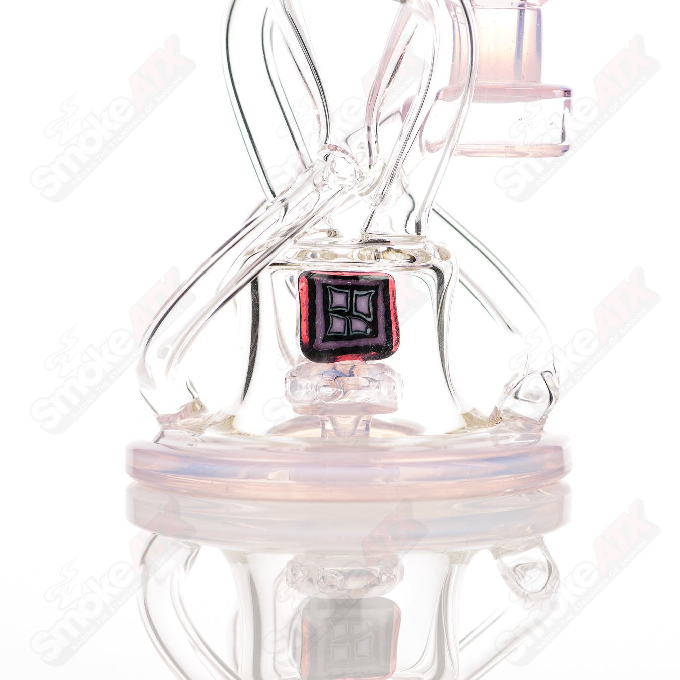 Cerio 10mm V2 Double Up Ghost and Rose Quartz Recycler Heady Glass with intricate glasswork and vibrant colors.