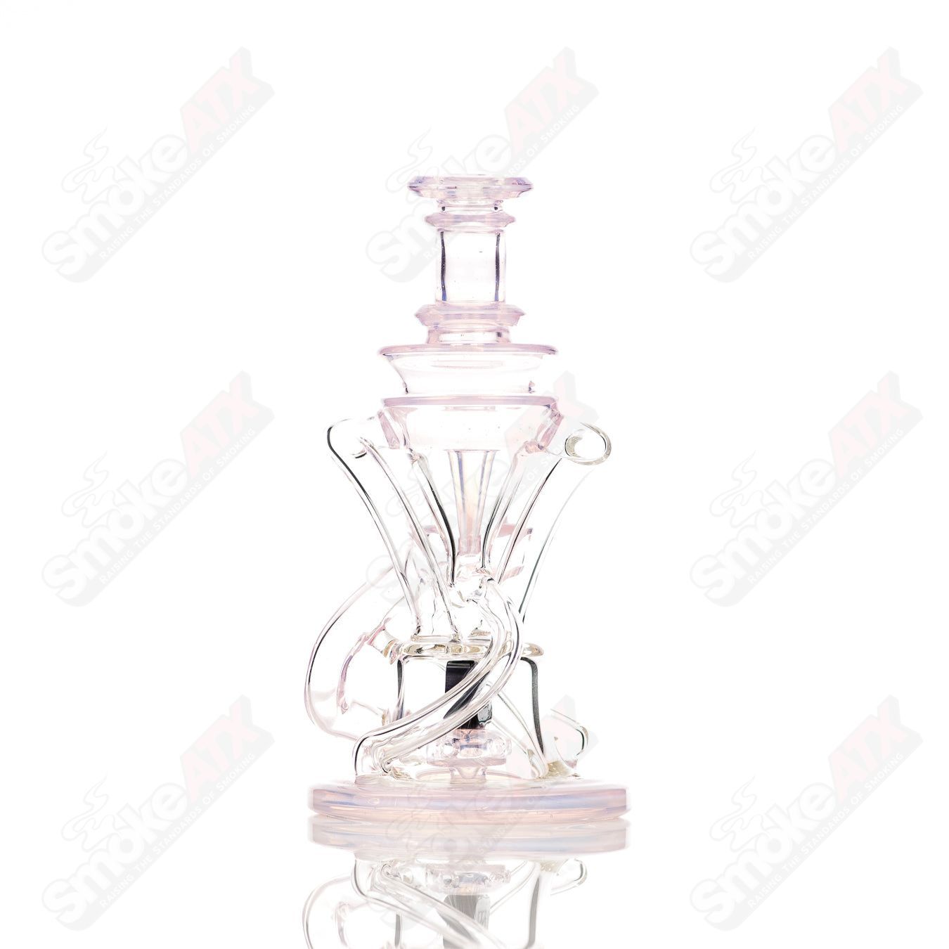 Cerio Heady Glass 10mm V2 Double Up Ghost and Rose Quartz Recycler with intricate glasswork and vibrant colors.