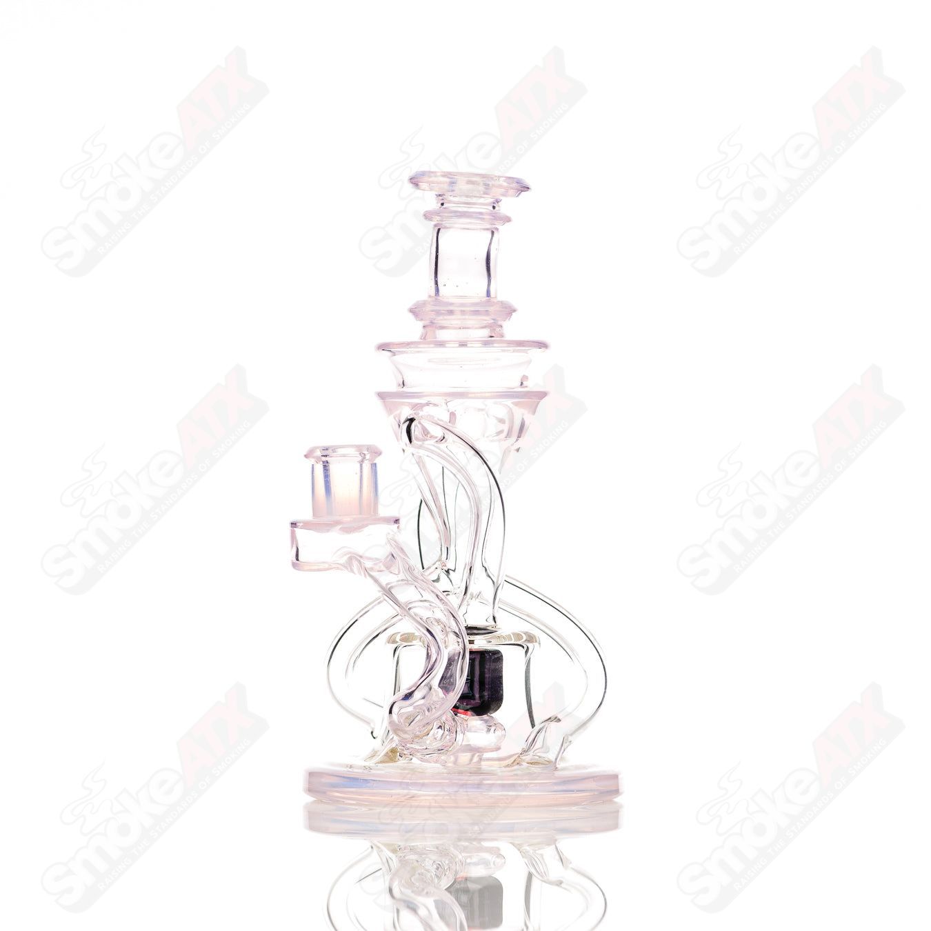 Cerio Heady Glass 10mm V2 Double Up Ghost and Rose Quartz Recycler with intricate glasswork and vibrant colors.