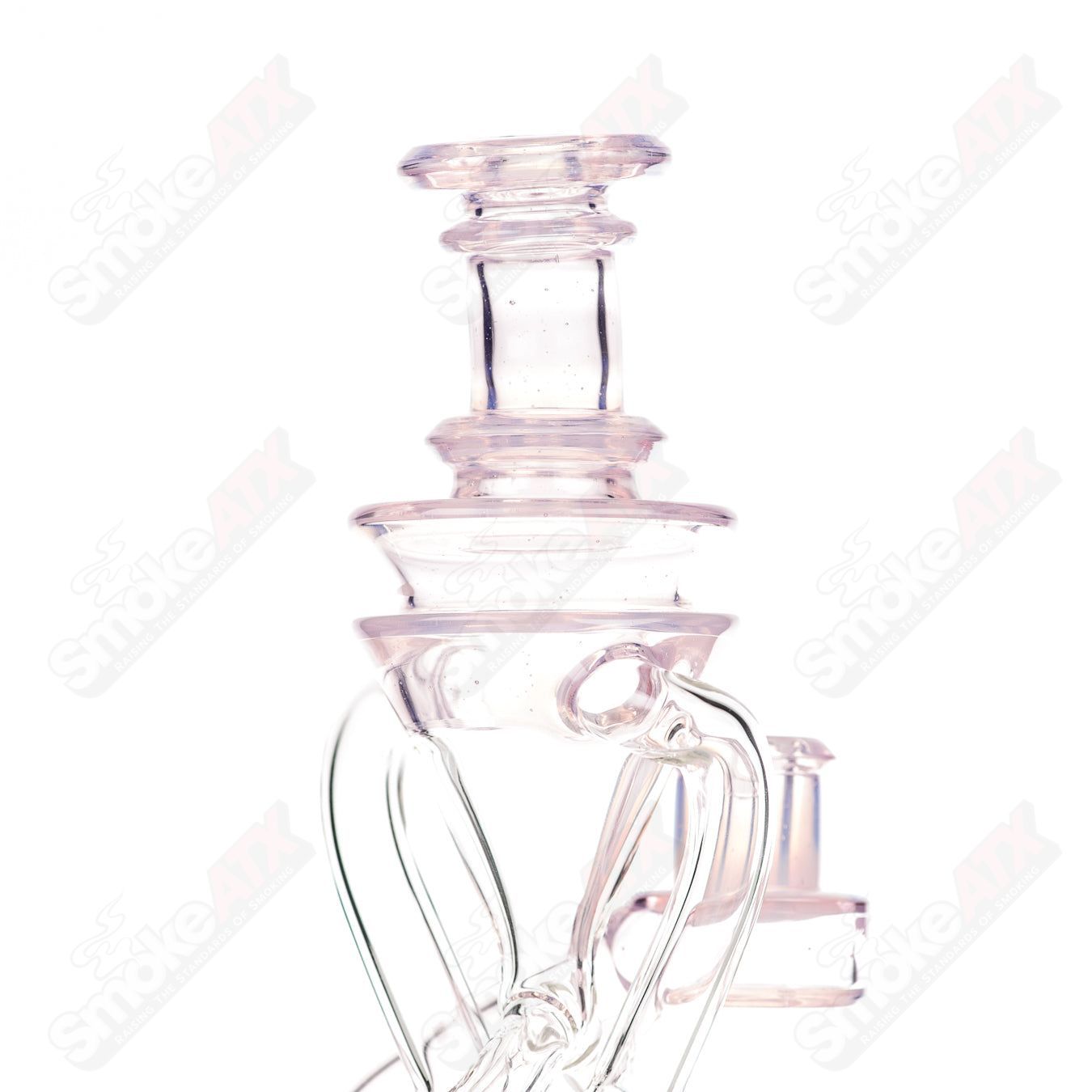 Cerio Heady Glass 10mm V2 Double Up Ghost and Rose Quartz Recycler with intricate glasswork and vibrant colors.