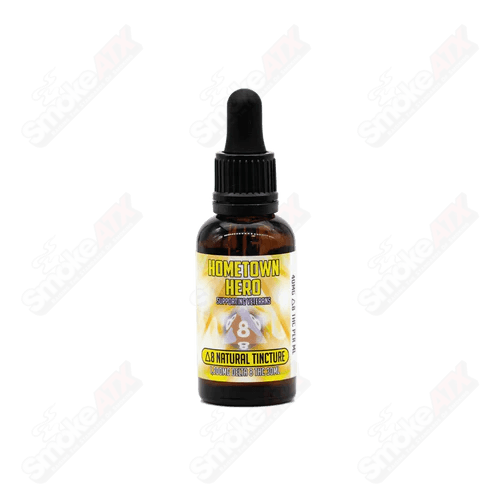 Bottled 1200mg Delta-8 THC tincture from Hometown Hero, natural hemp sublingual supplement, with dropper cap in focus.