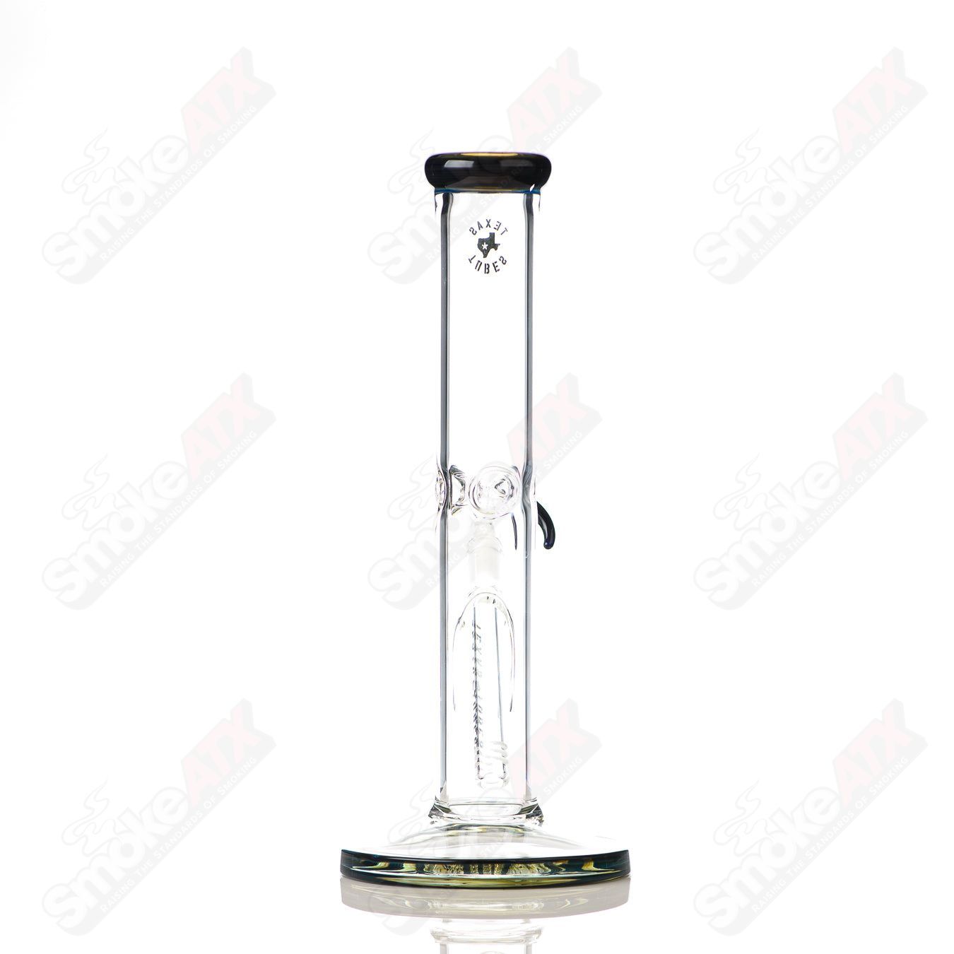 12-inch blue-green 14mm straight glass tube by Texas Tubes, cylindrical with open ends and clear glass accents.