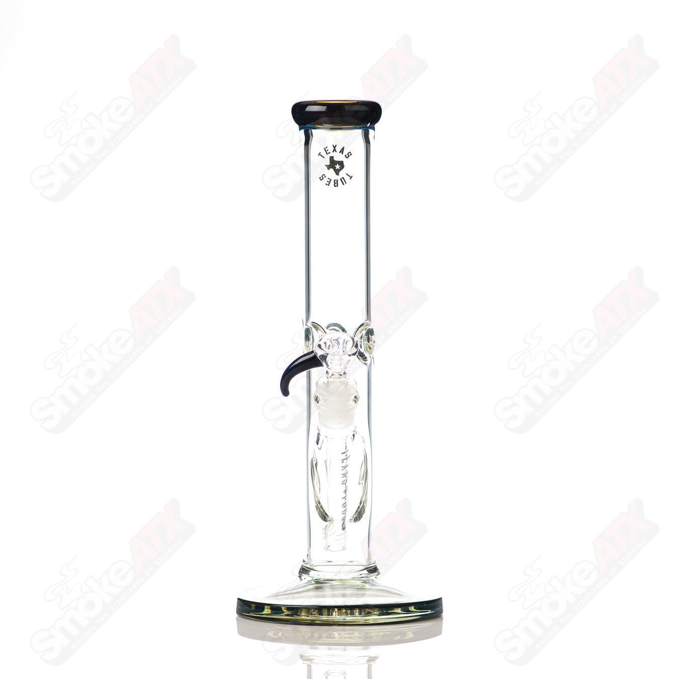 Blue-green 12-inch 14mm straight glass tube by Texas Tubes, showcasing a sleek, cylindrical design with clear glass accents.