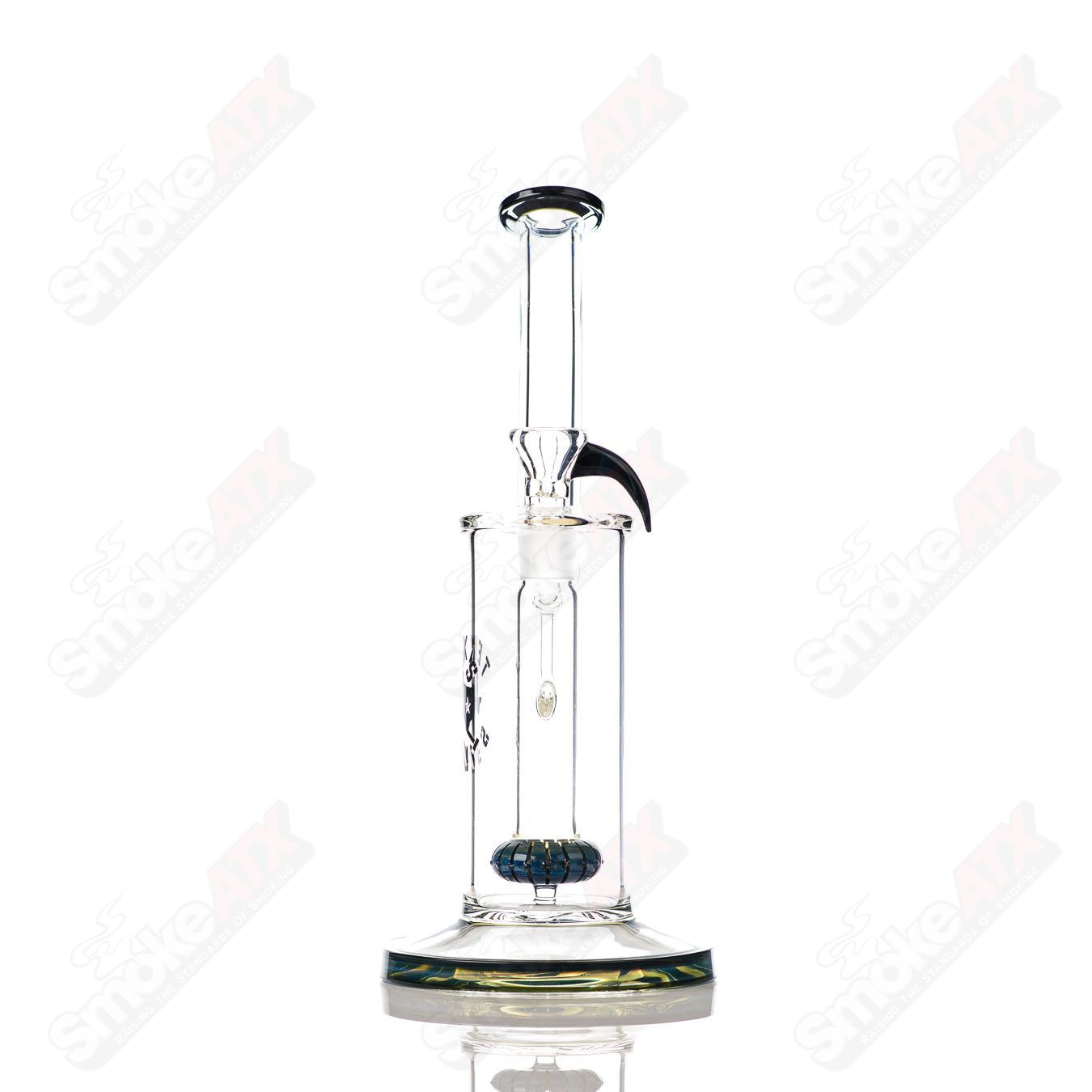 Blue-green 12-inch 18mm showerhead bubbler waterpipe by Texas Tubes, featuring a glass design and intricate water diffusion.