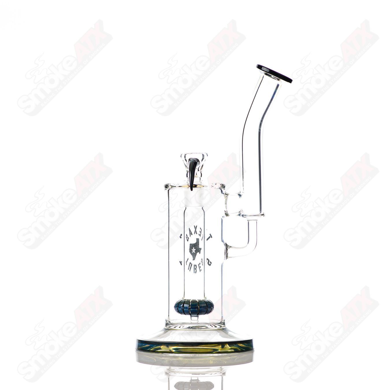 Blue-green 12-inch glass showerhead bubbler waterpipe by Texas Tubes, featuring an 18mm joint and intricate design.