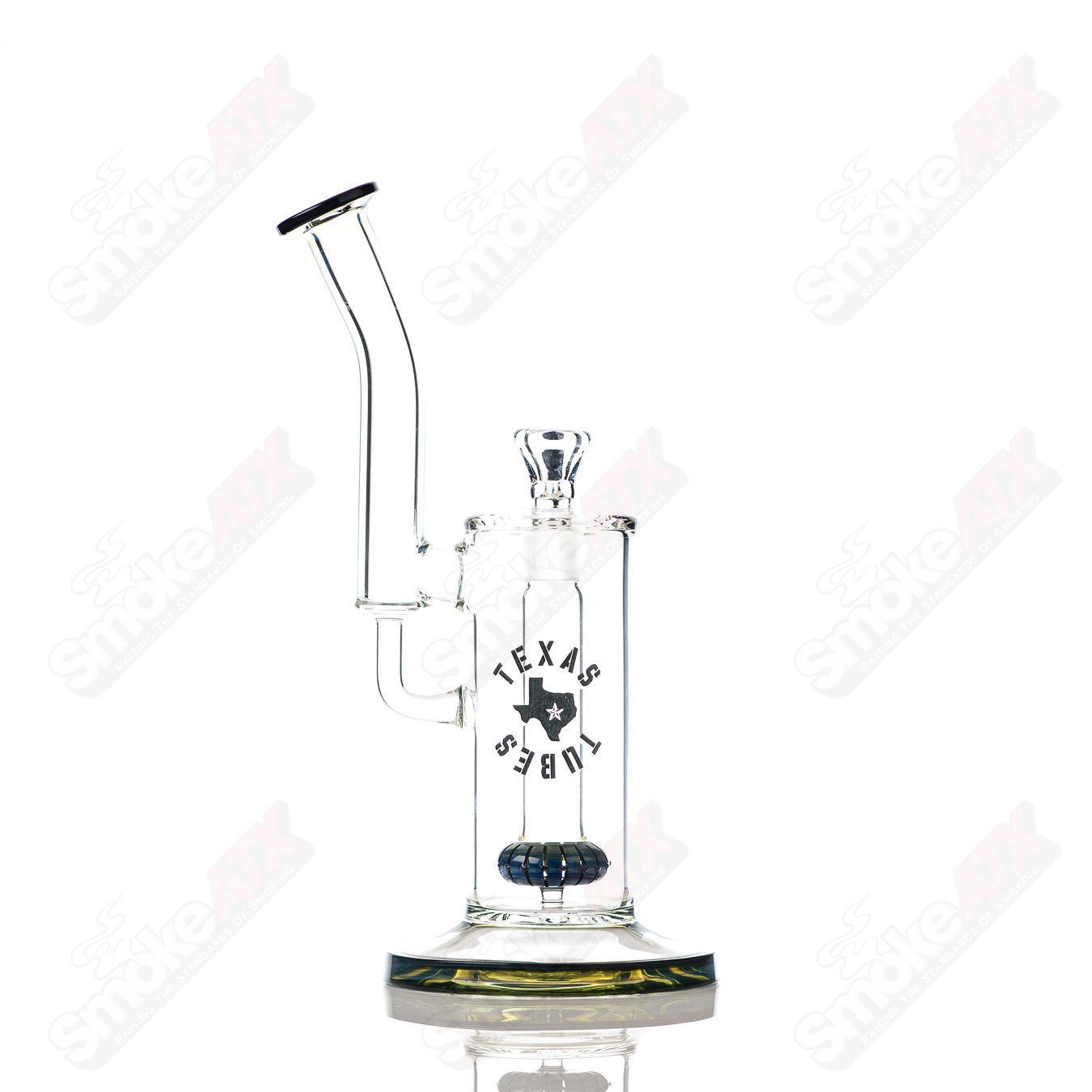 Blue-green 12-inch 18mm showerhead bubbler waterpipe by Texas Tubes, featuring glass construction and a distinct showerhead design.
