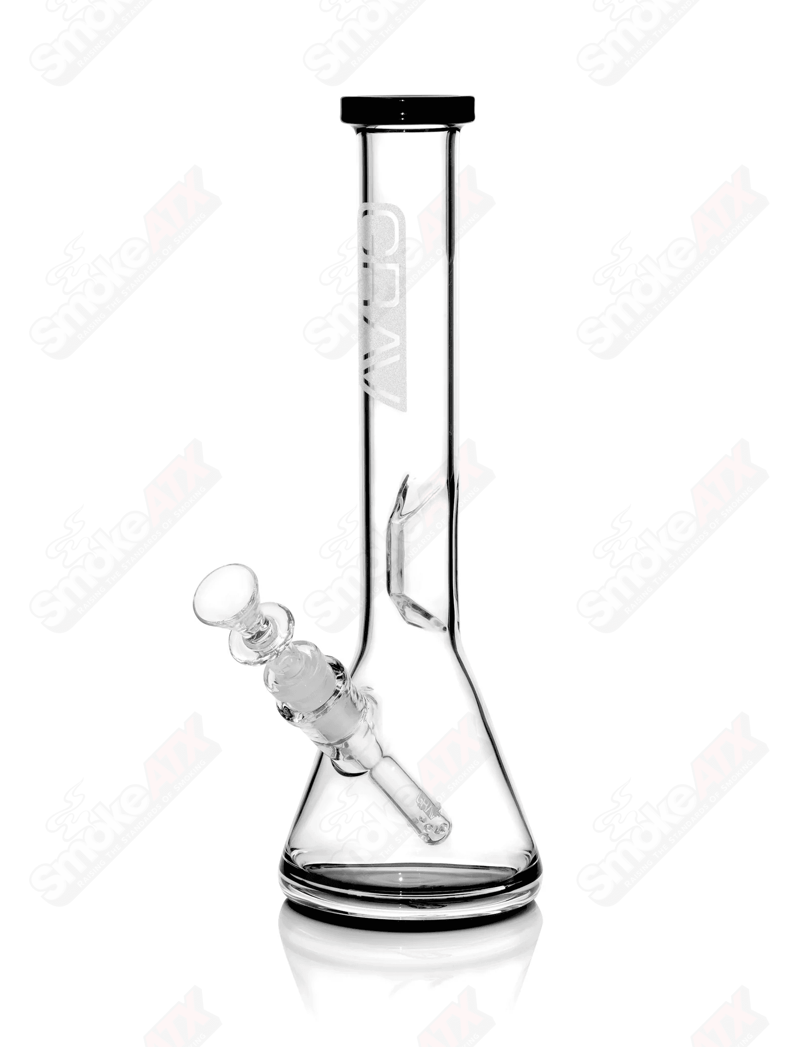 12-inch glass beaker base water pipe by Grav with black accents, designed for smooth smoking experiences.