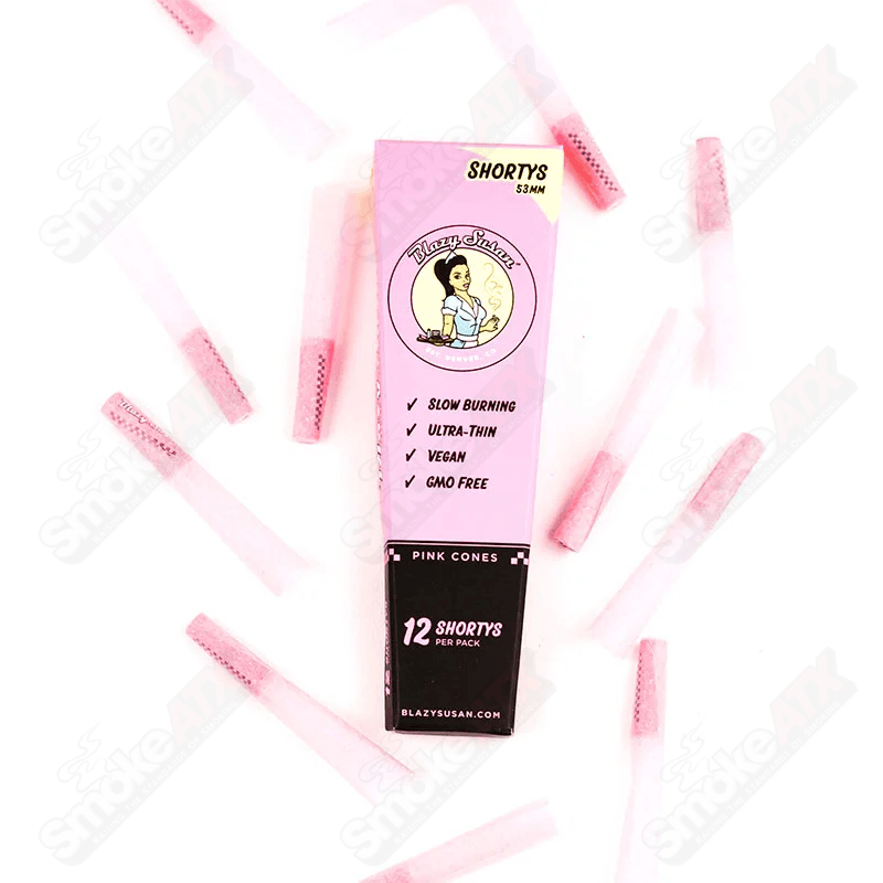 Set of 12 pink 53mm Blazy Susan Shorty cones for 420 sessions, featuring vibrant pink design and compact size.