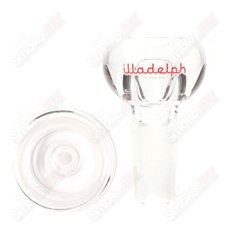Pink Illadelph glass bowl with a single hole slide, designed for 14/20 joint, showcasing sleek glass craftsmanship.