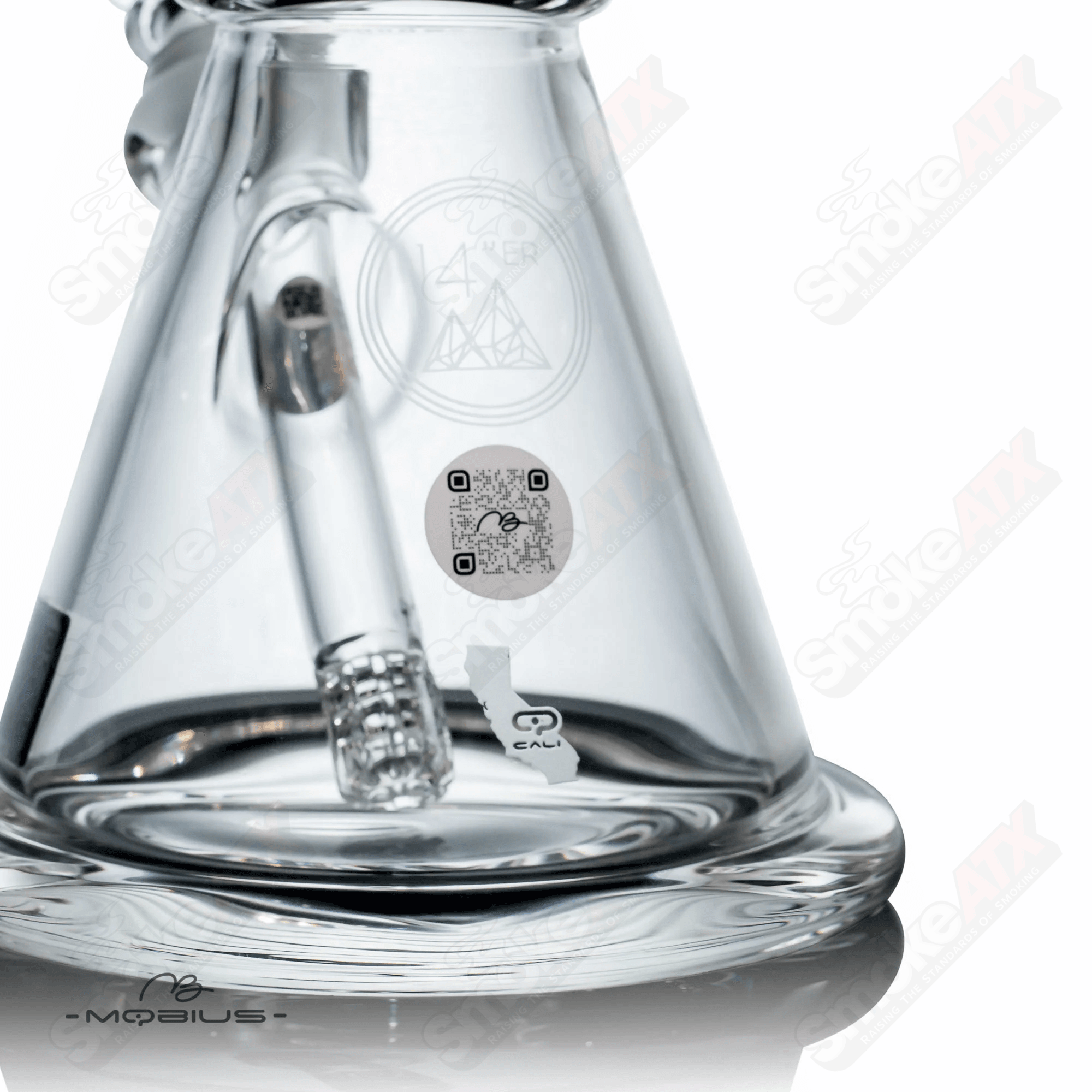 Clear glass 14-inch Mobius beaker with a wide mouth and sturdy base, designed for laboratory or scientific use.