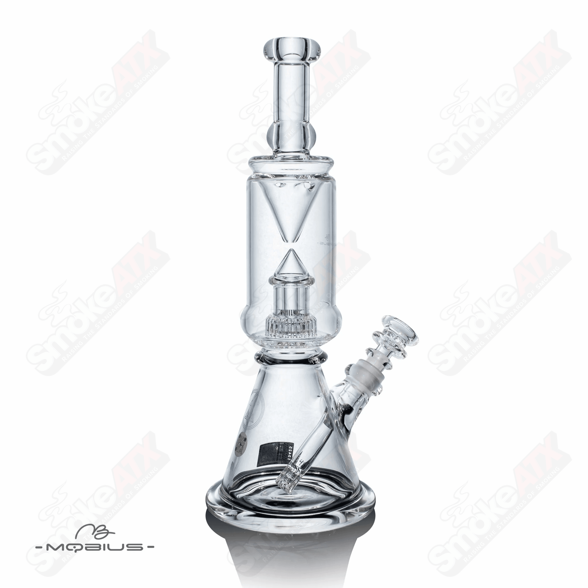 Clear glass 14-inch Mobius beaker with a wide mouth and sturdy base, designed for laboratory or scientific use.