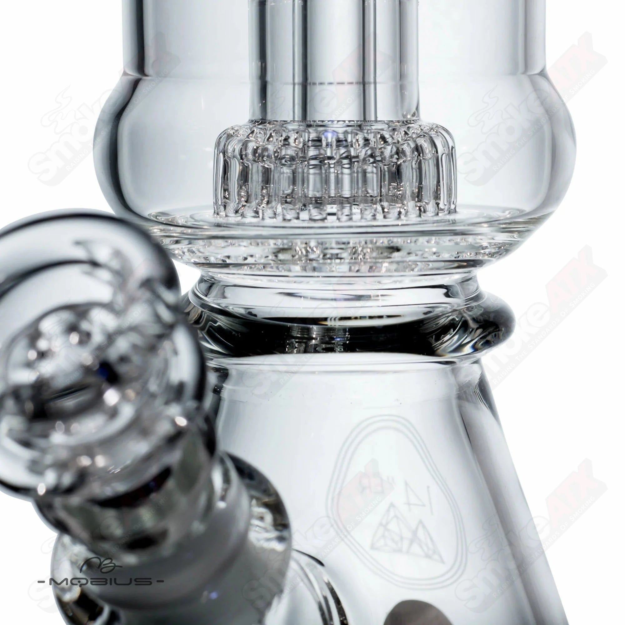 Clear glass 14-inch Mobius beaker with a wide mouth and sturdy base, designed for scientific or artistic use.