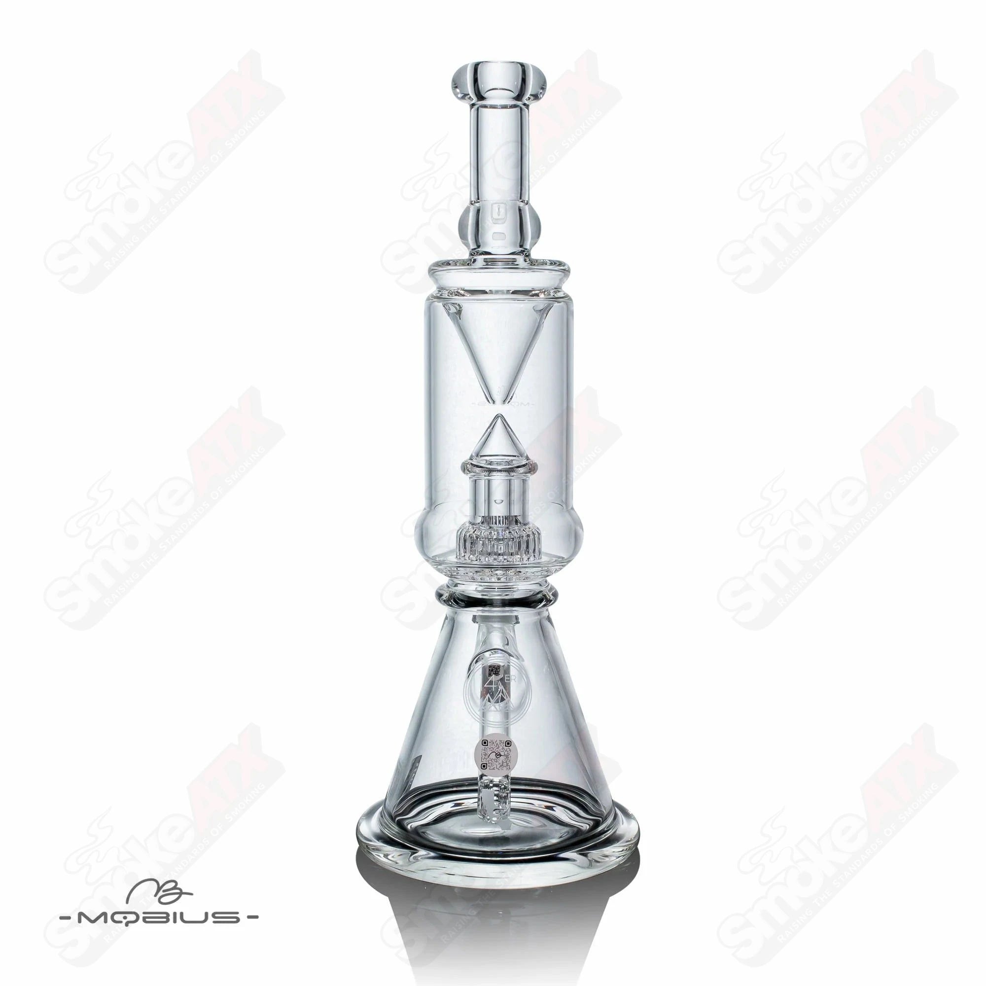Clear glass 14-inch Mobius beaker with a wide mouth and sturdy base, ideal for scientific or artistic use.