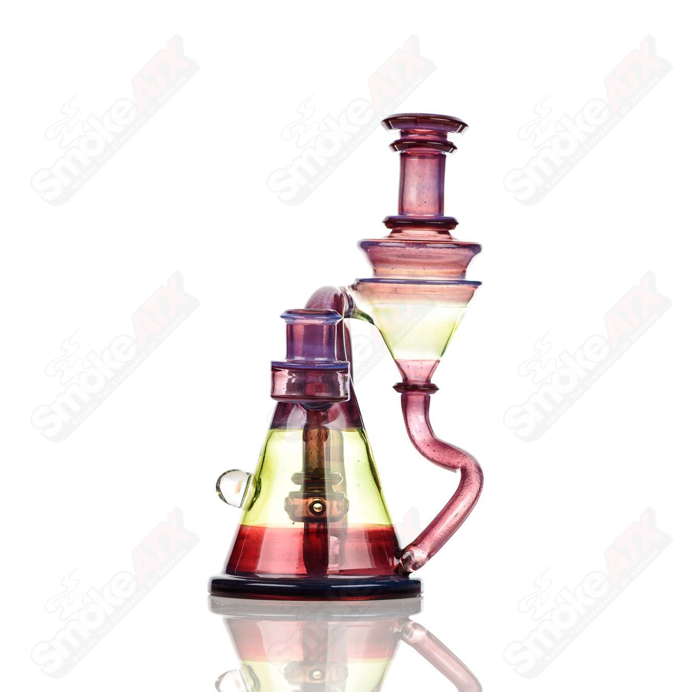 Cerio 14mm V2 Quickdraw Blue Satin over Phoenix dipped in Glopal with Green Energy Recycler glass heady recycler for smoking or dabbing.
