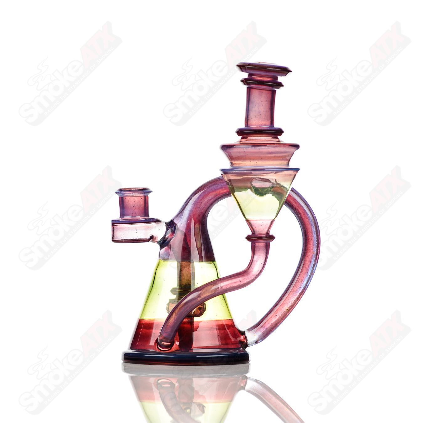 Cerio 14mm V2 Quickdraw Blue Satin over Phoenix with Glopal dip paired with Green Energy Recycler Cerio Glass heady recycler bong.