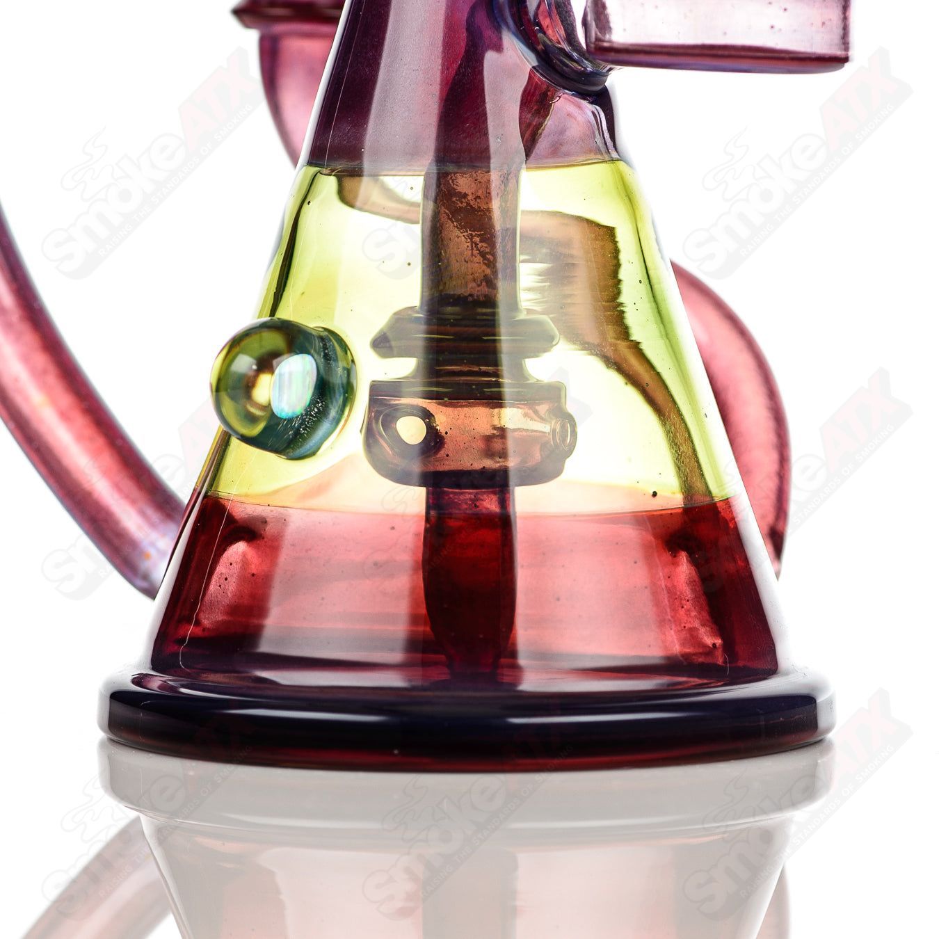 Cerio 14mm V2 Quickdraw Blue Satin over Phoenix dipped in Glopal paired with Green Energy Recycler heady glass.