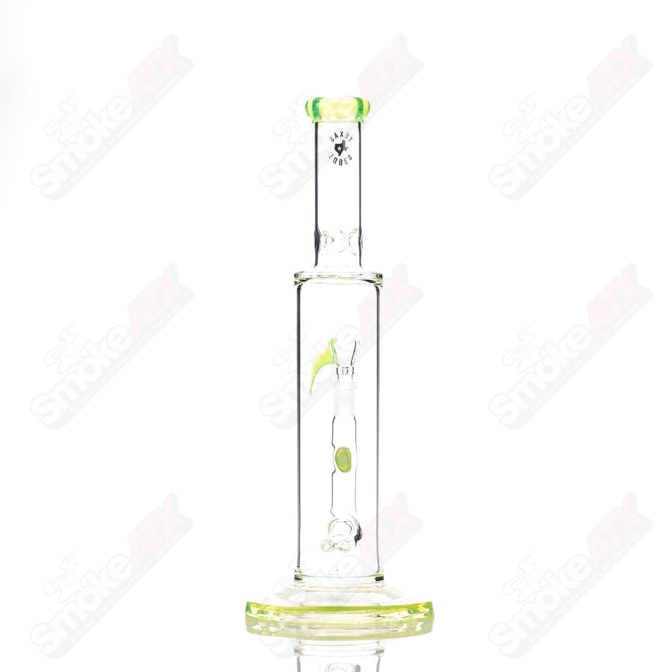 15-inch Texas Tubes glass straight tube with dual stemline design in Slyme color, featuring 18mm joint for smoking accessories.