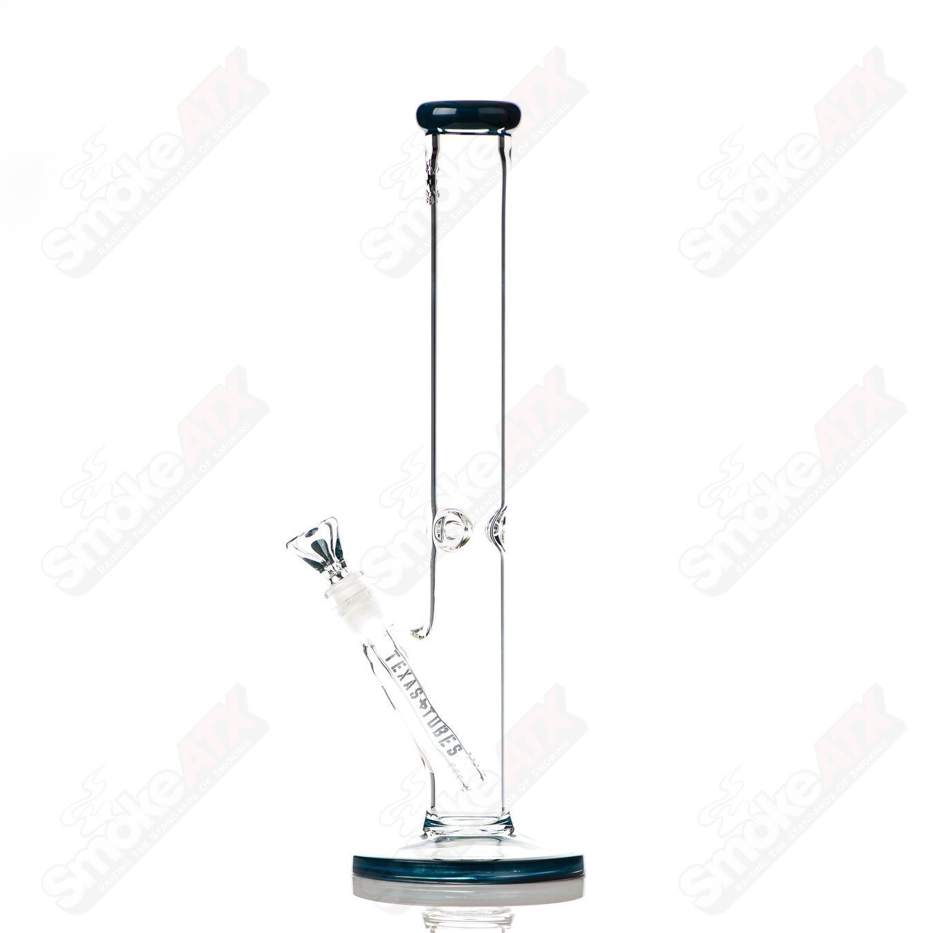 Deep Sea Blue 16-inch 14mm straight glass tube by Texas Tubes, showcasing a sleek, clear design with vibrant blue accents.